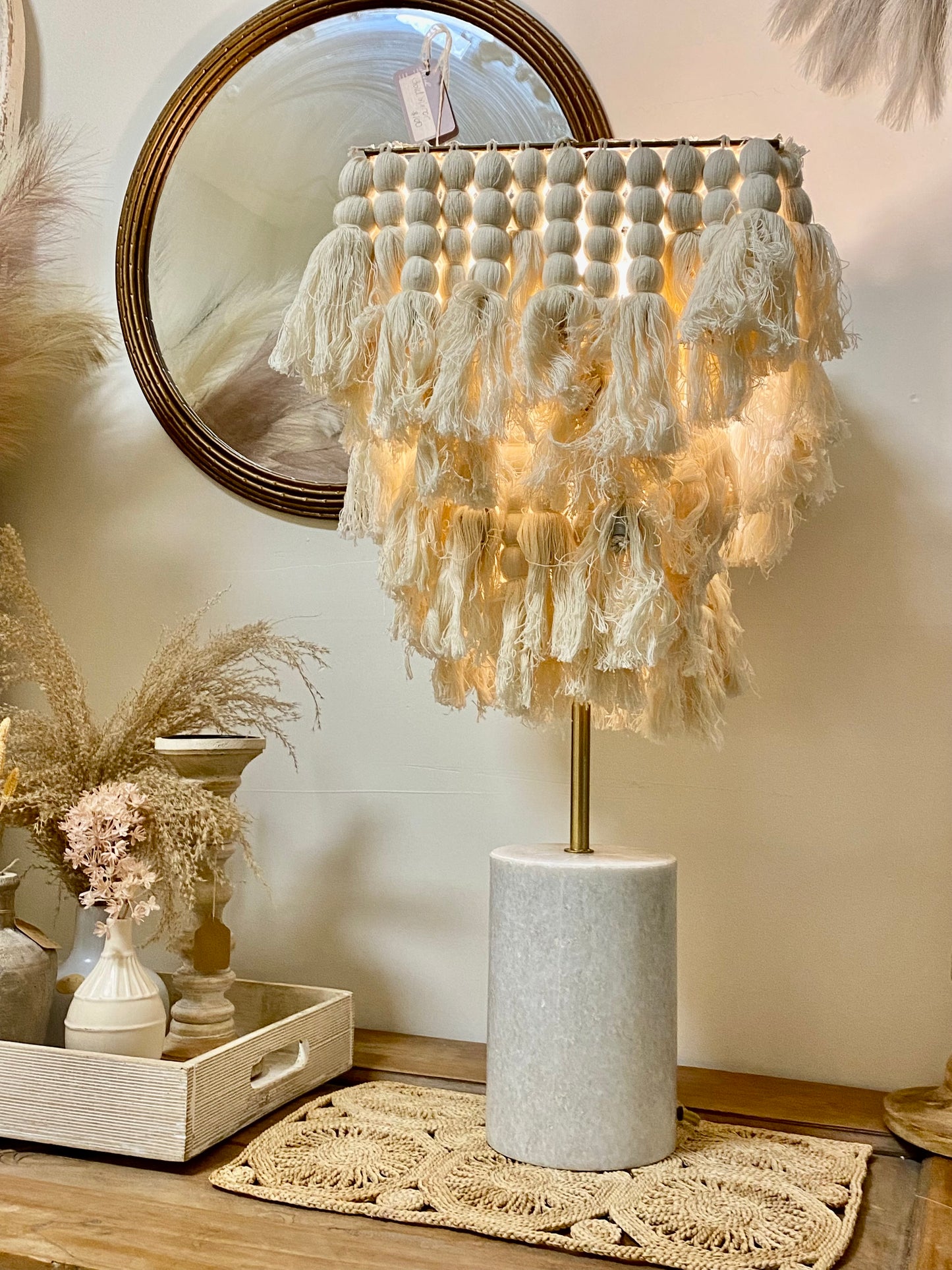 Boho Style Selamat Designer Tassel Lamp - very solid marble base