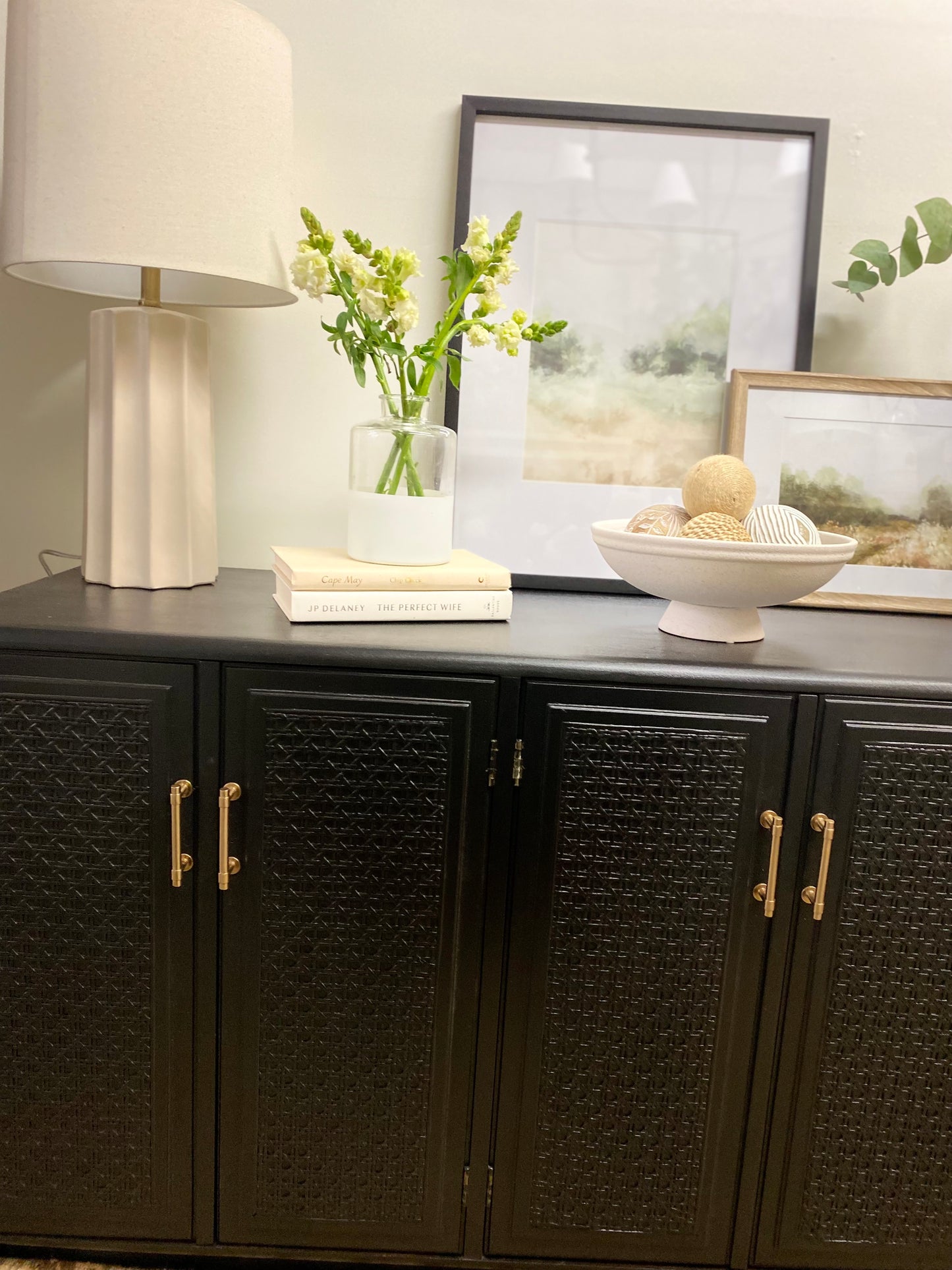 Black Vintage Refinished Rattan Sideboard / Media Cabinet
