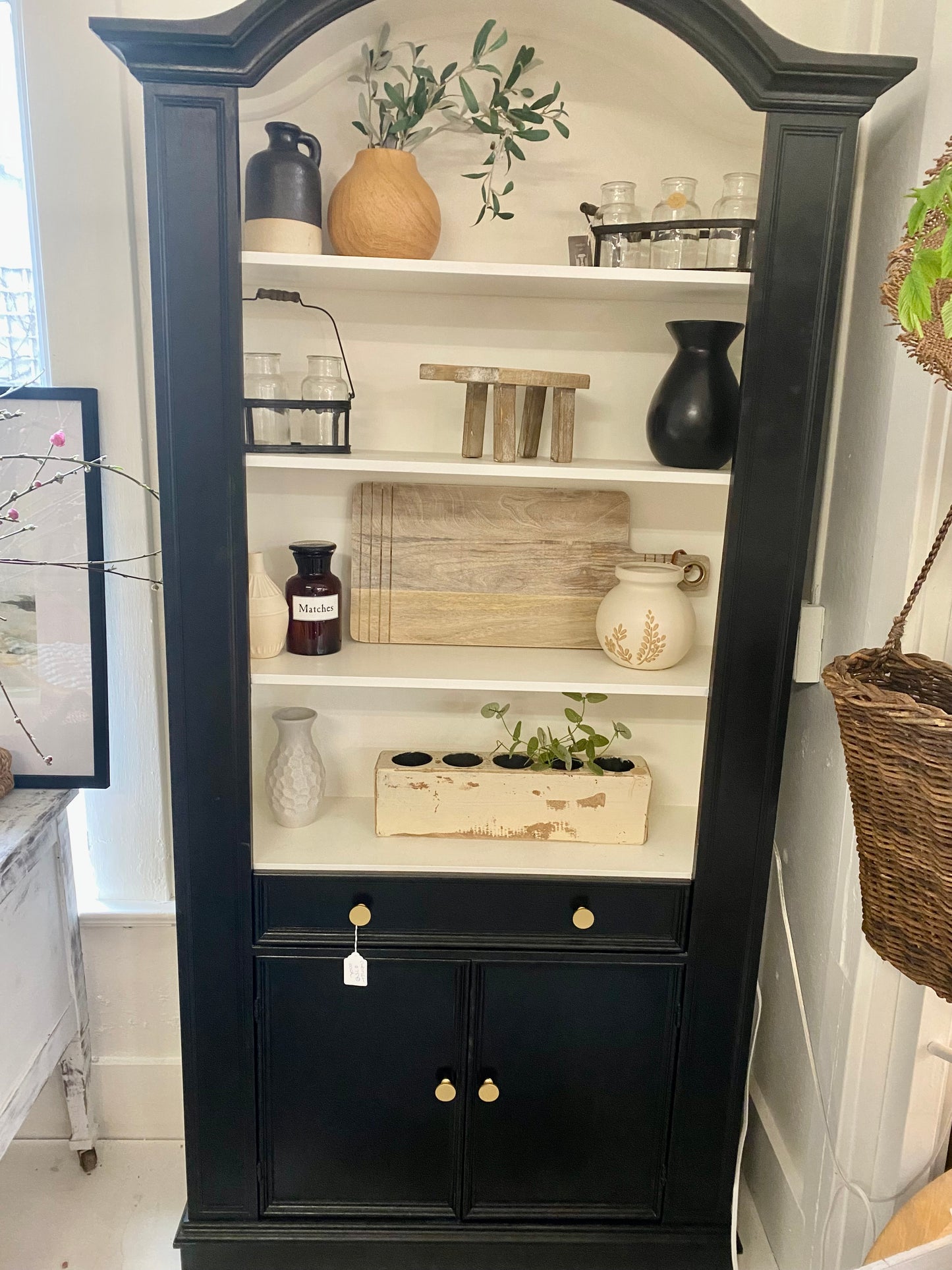 Refinished Black Arched Bookcase Cabinet