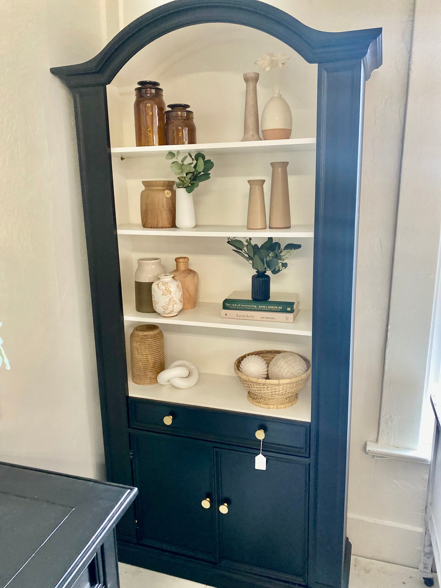 Refinished Black Arched Bookcase Cabinet
