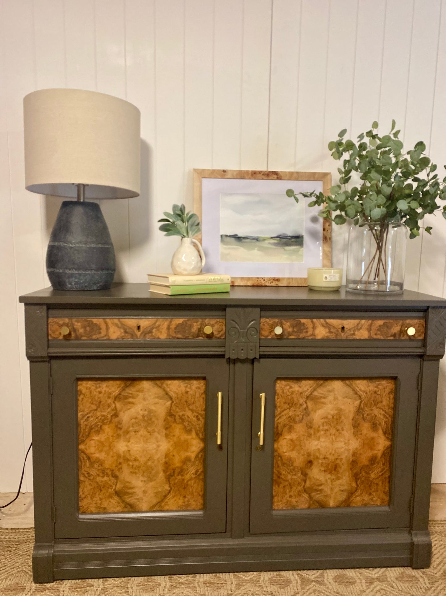 One of a Kind Refinished Vintage Burlwood Sideboard 52"