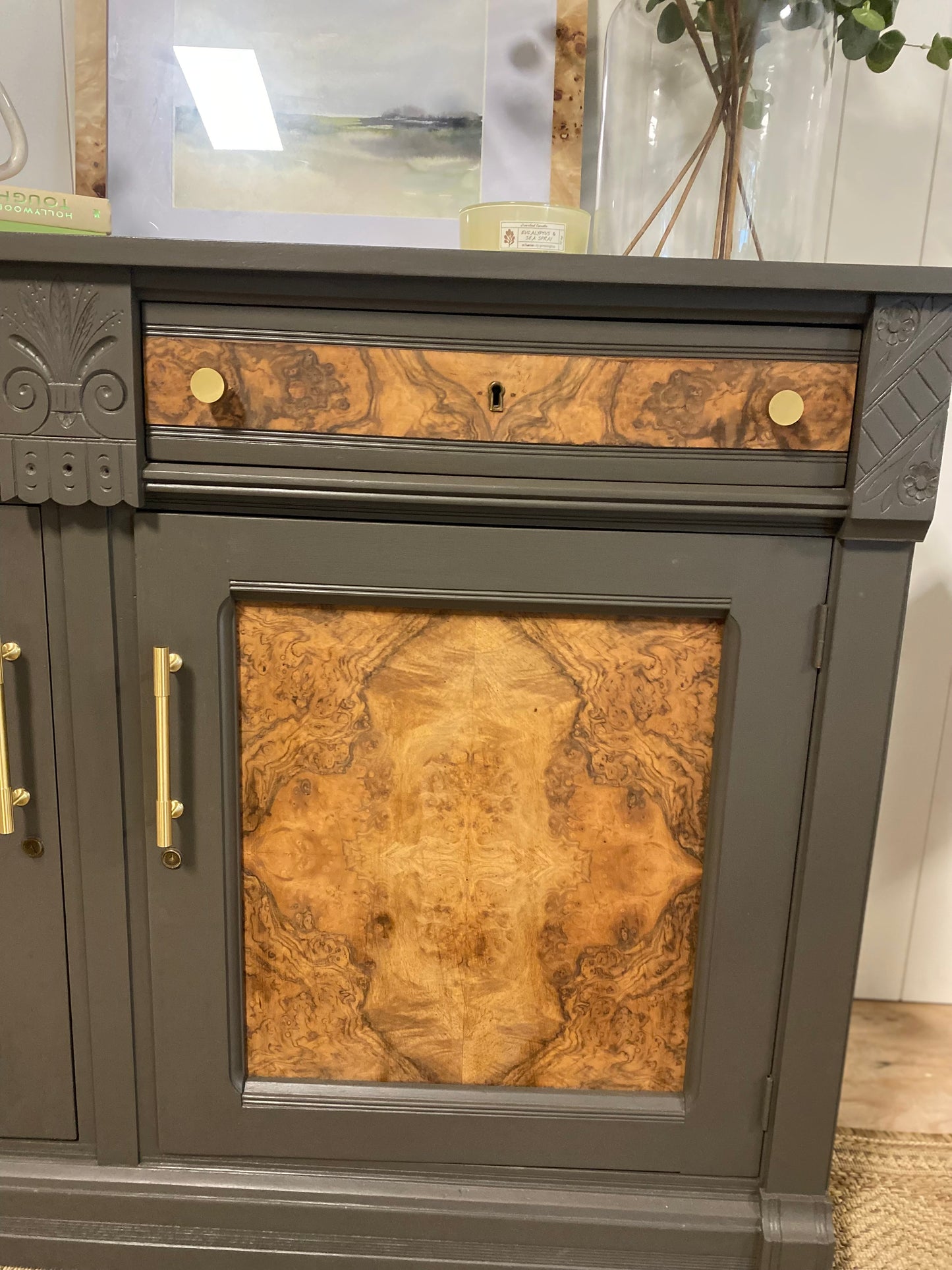 One of a Kind Refinished Vintage Burlwood Sideboard 52"