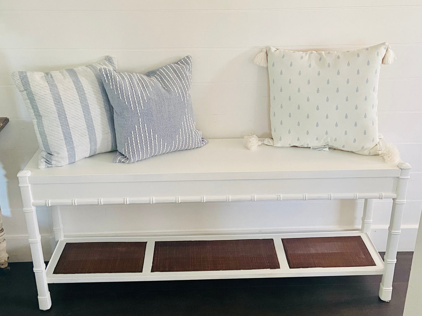 Vintage Refinished White & Rattan Faux Bamboo Bench or low console