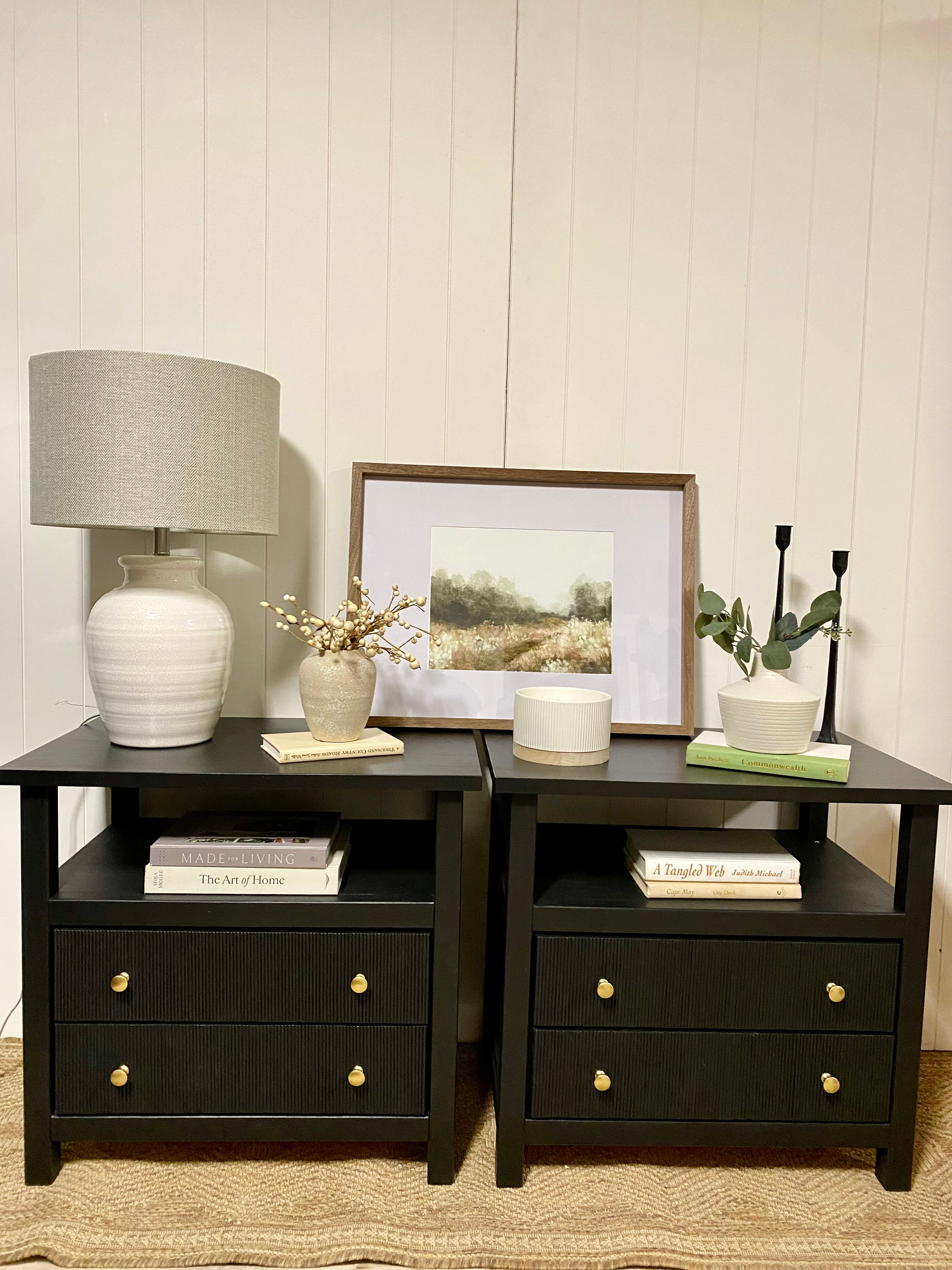 Gorgeous PAIR Black Refinished Nightstands with fluted detail on drawers