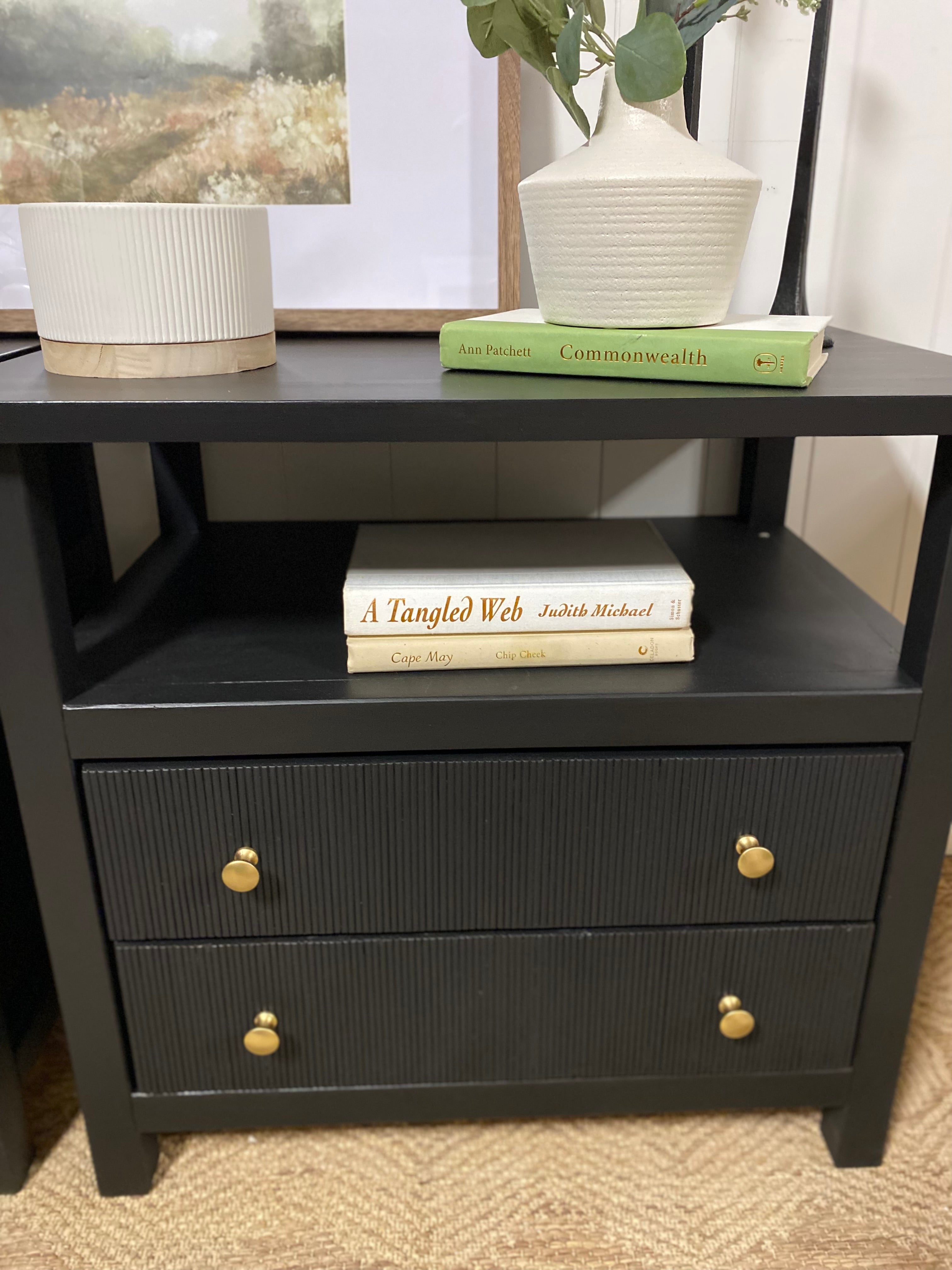 Gorgeous PAIR Black Refinished Nightstands with fluted detail on drawers
