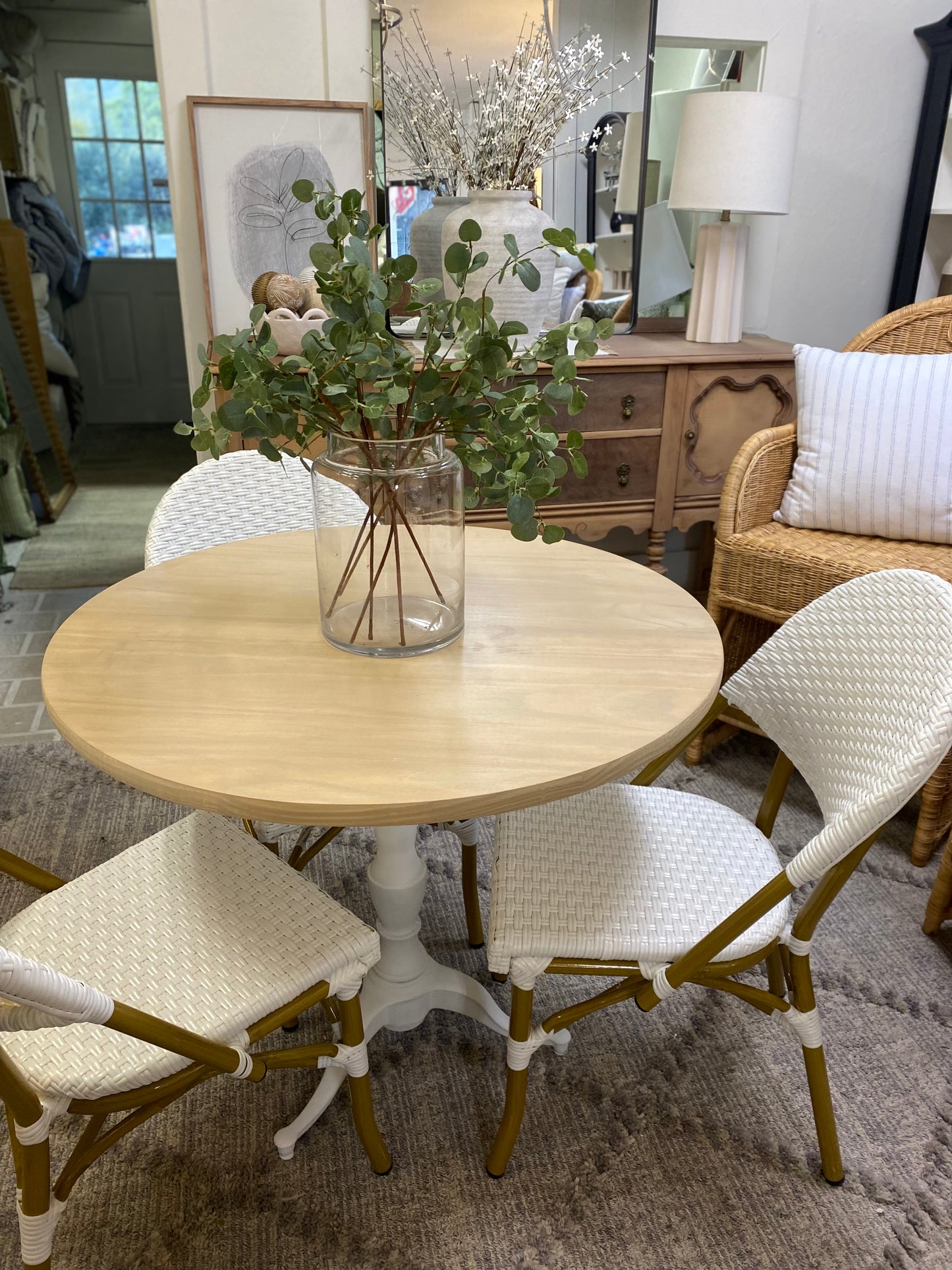 Pine Bistro Table with Wrought Iron White Base 36"