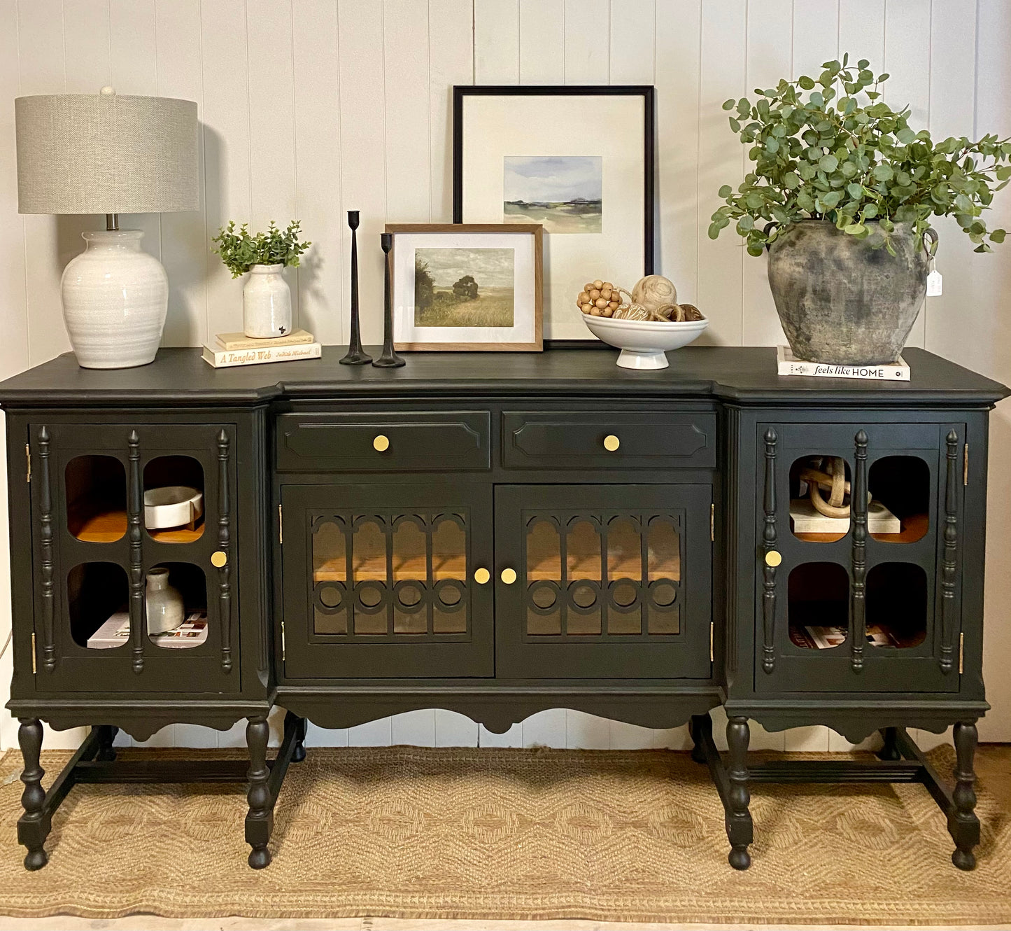 Large Vintage Sideboard Buffet with detailing 82"