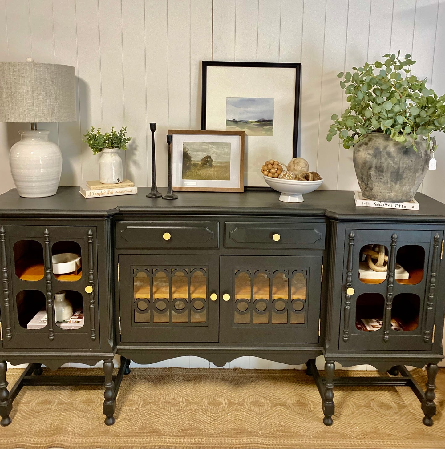 Large Vintage Sideboard Buffet with detailing 82"
