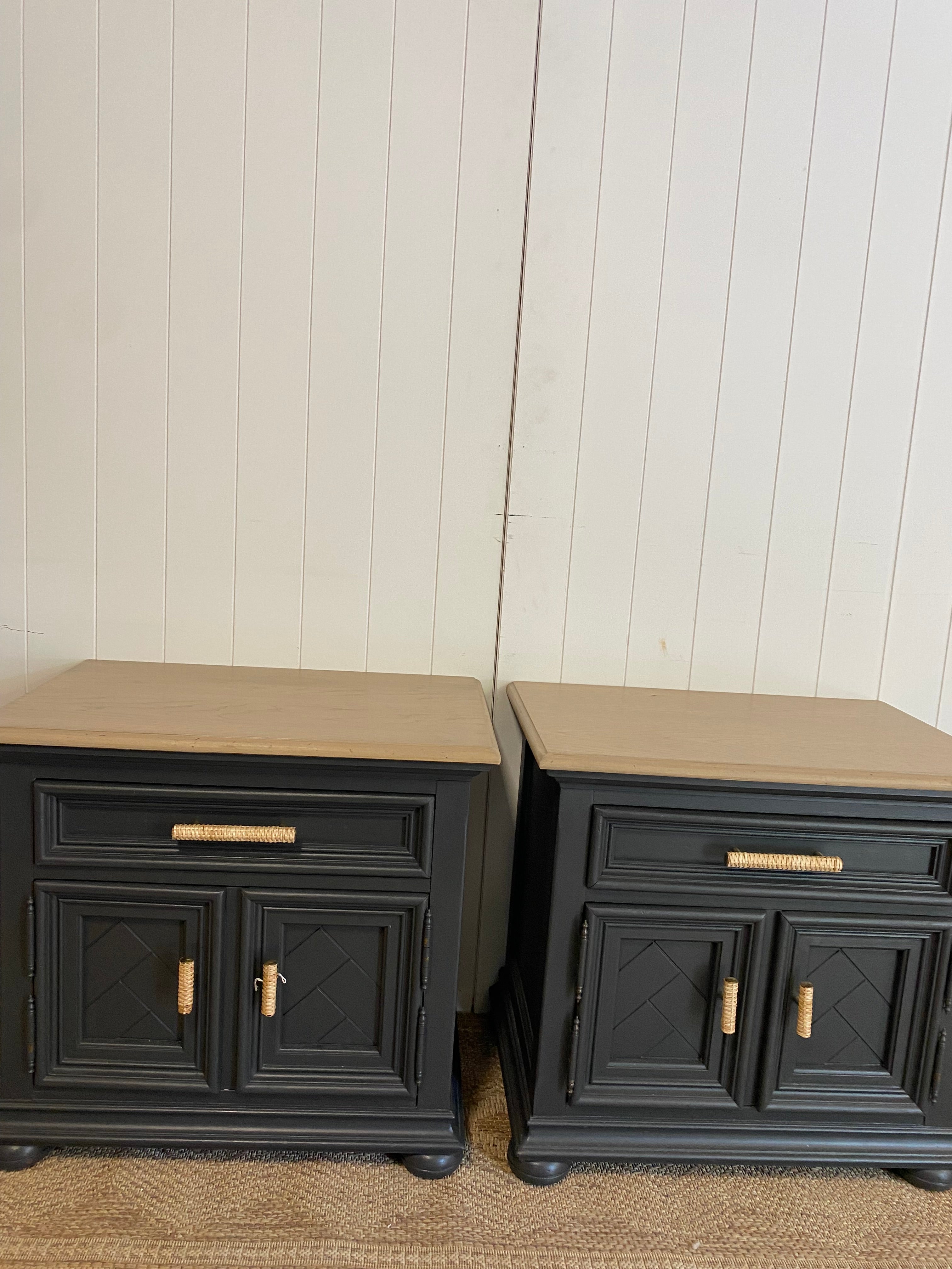 Stunning Refinished Vintage Solid Oak Nightstand pair with rattan handles (PAIR)