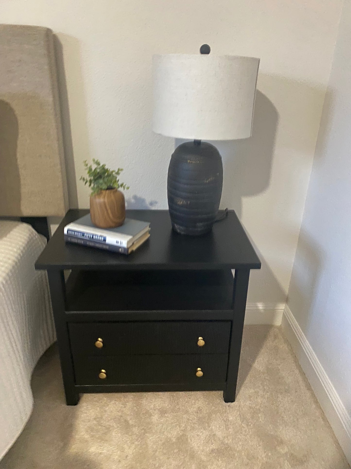 Gorgeous PAIR Black Refinished Nightstands with fluted detail on drawers