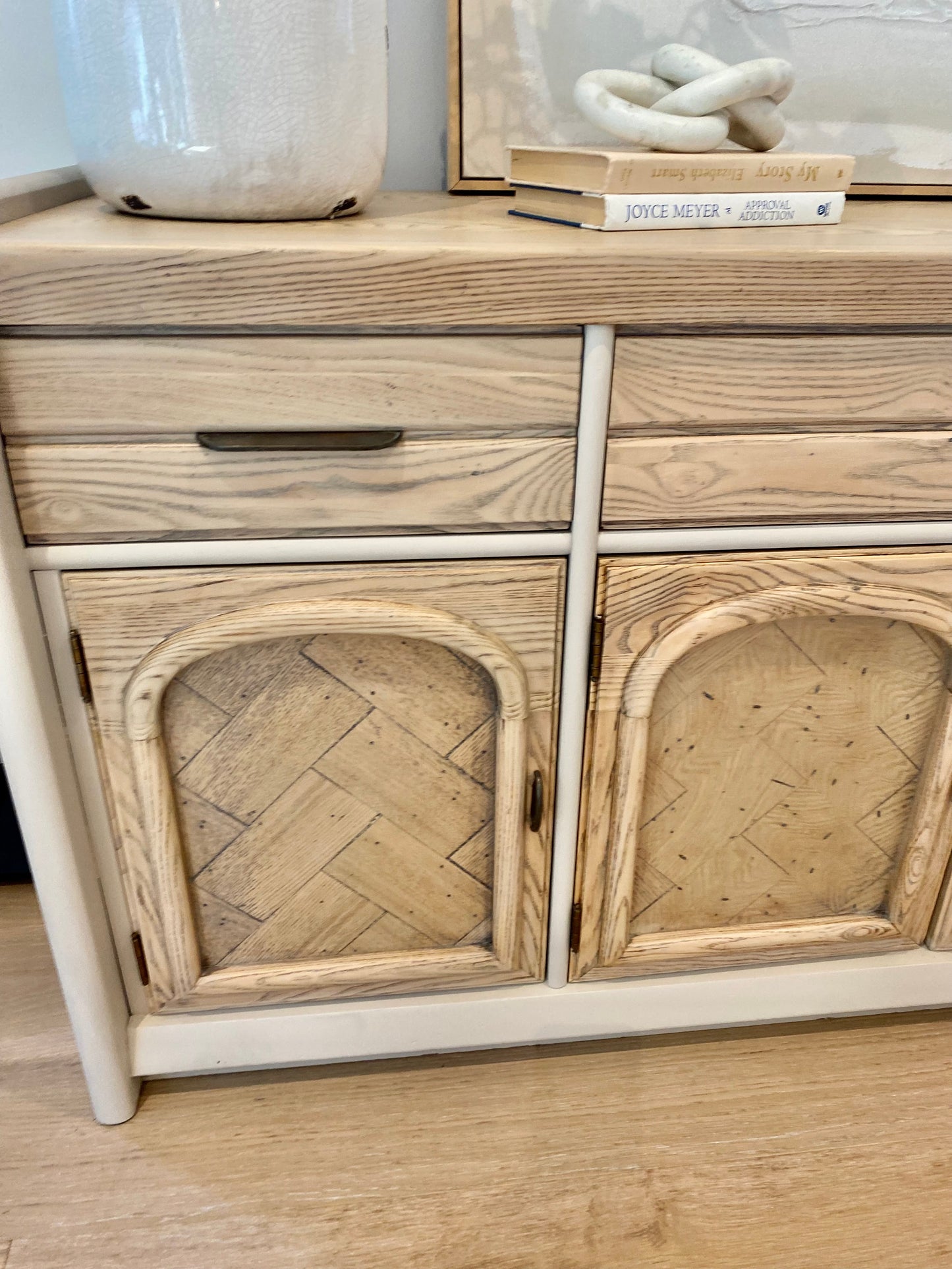 Stunning Vintage Oak Refinished Credenza or Media Cabinet 66"