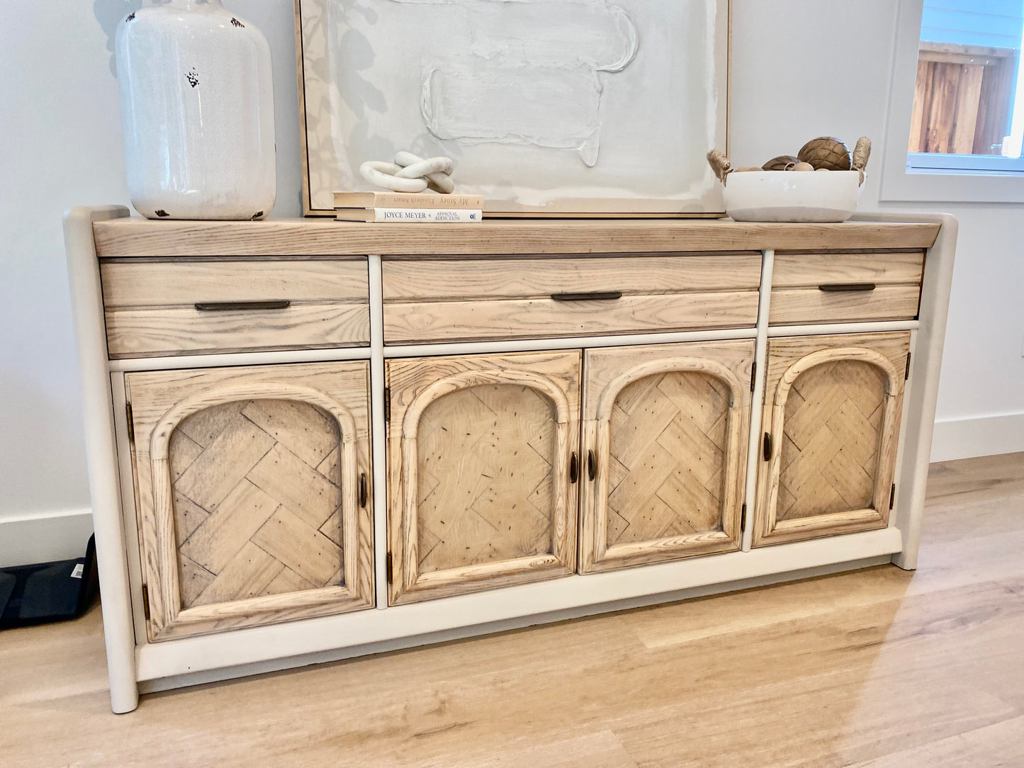 Stunning Vintage Oak Refinished Credenza or Media Cabinet 66"