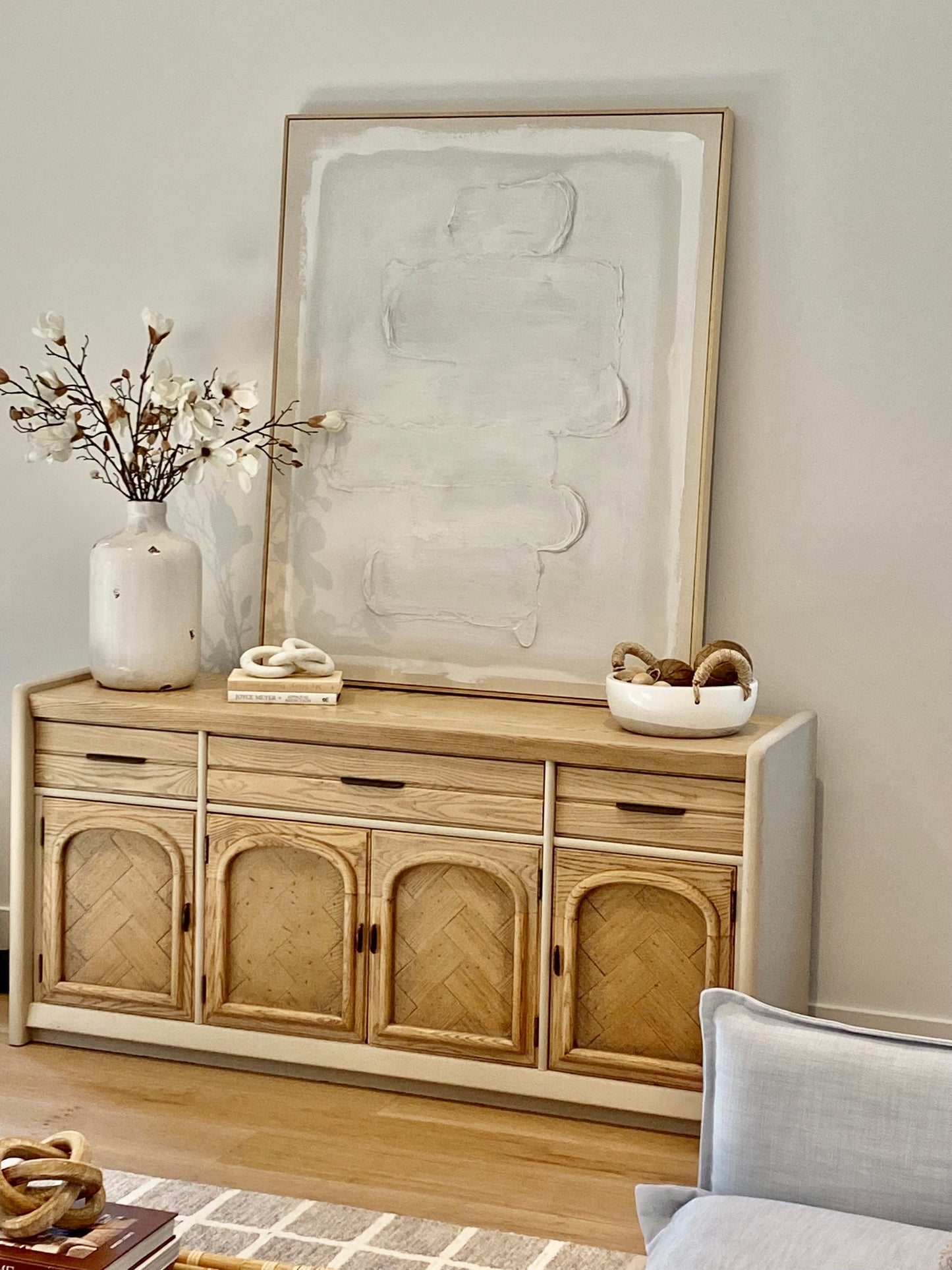 Stunning Vintage Oak Refinished Credenza or Media Cabinet 66"