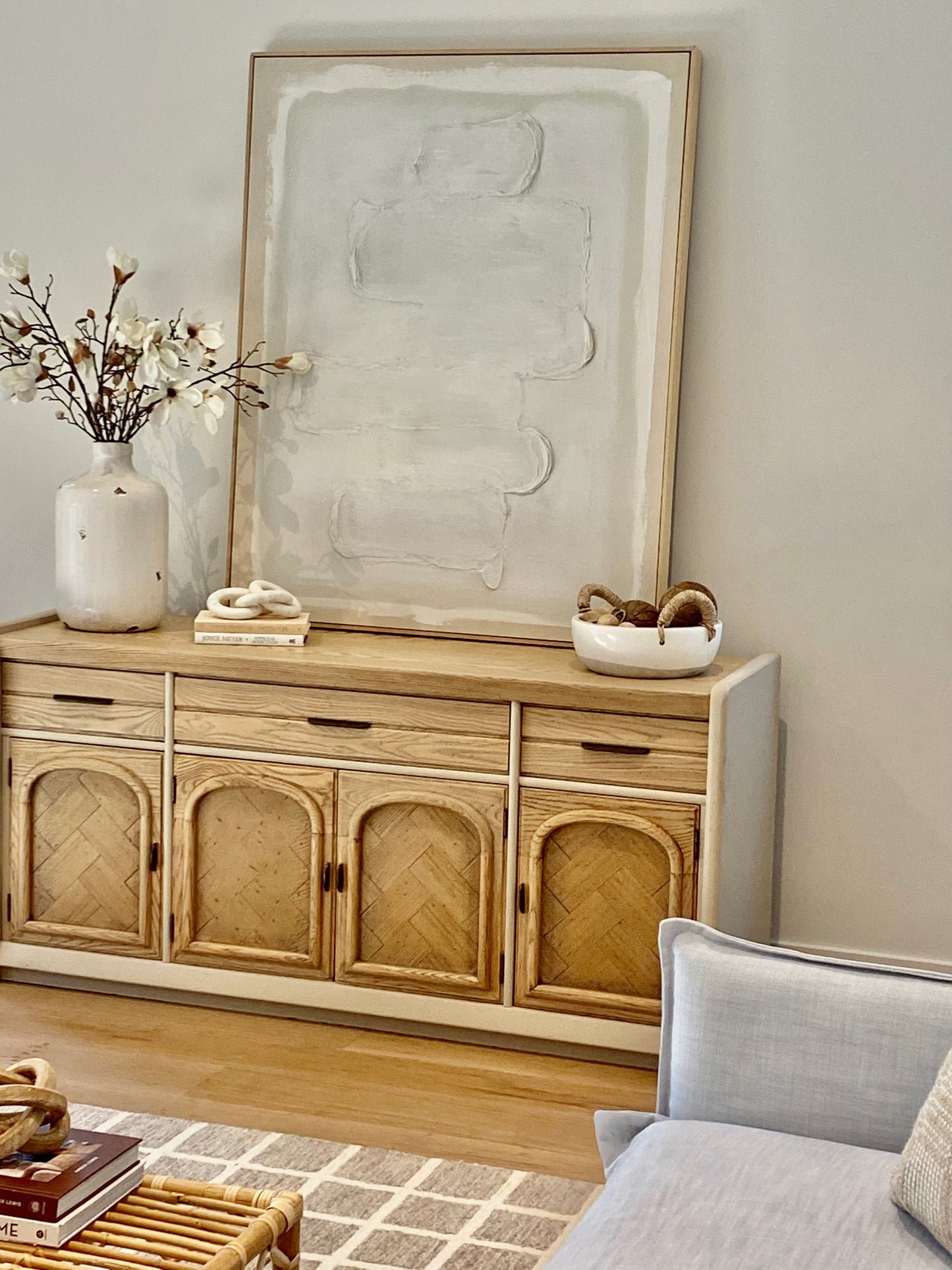 Stunning Vintage Oak Refinished Credenza or Media Cabinet 66"
