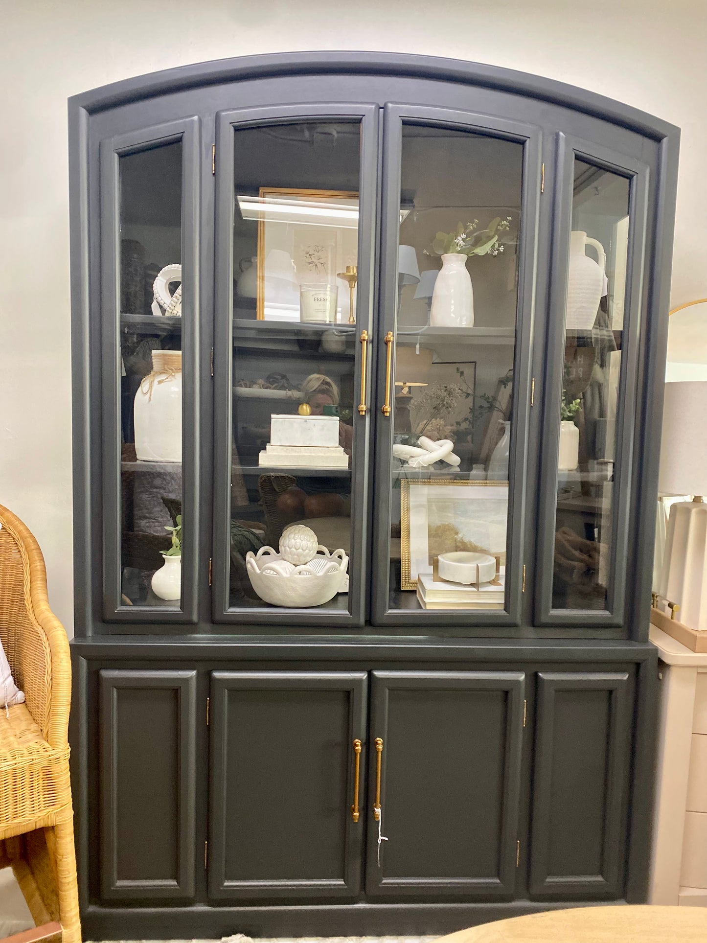 Arched Cabinet Stunning Vintage Refinished in charcoal with antique brass hardware