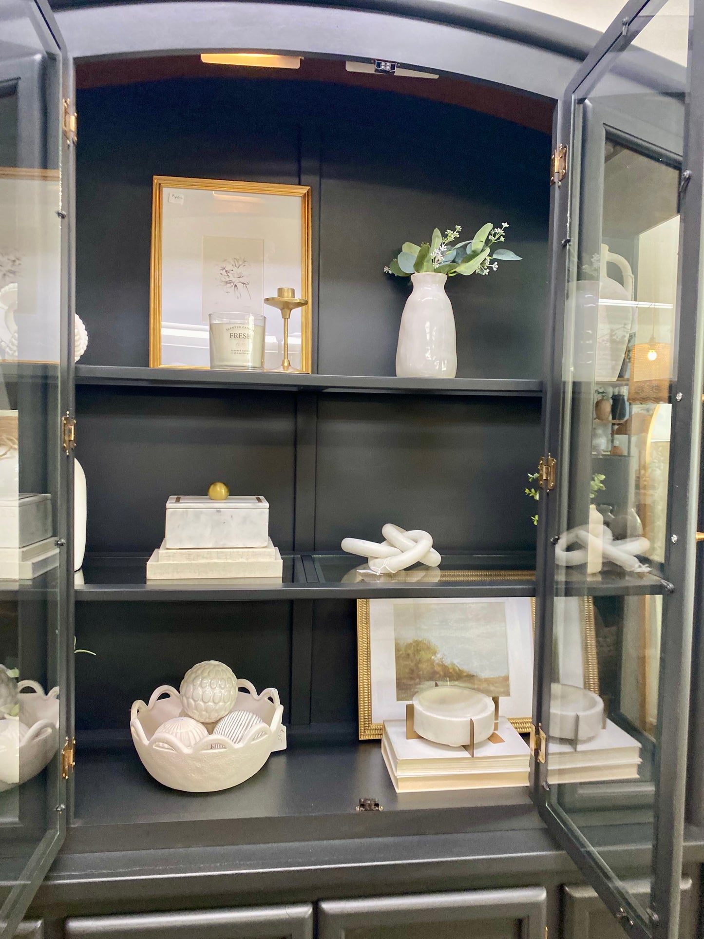 Arched Cabinet Stunning Vintage Refinished in charcoal with antique brass hardware