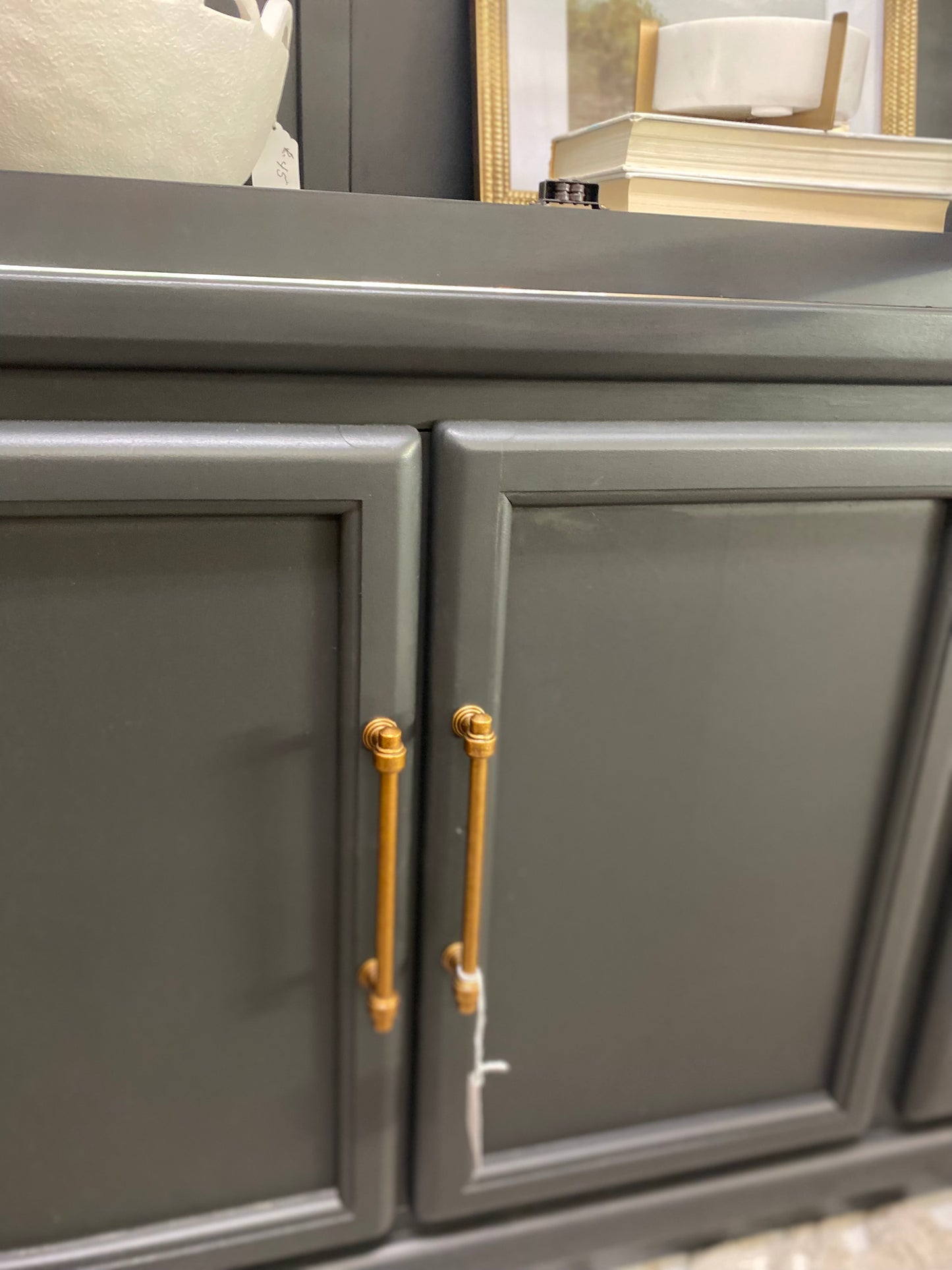 Arched Cabinet Stunning Vintage Refinished in charcoal with antique brass hardware