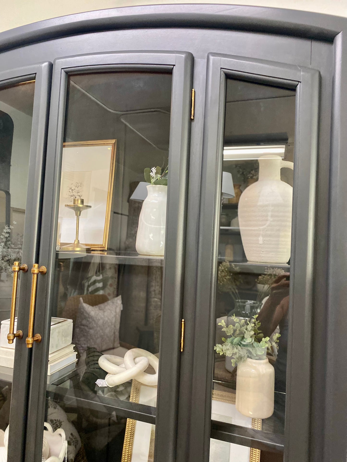 Arched Cabinet Stunning Vintage Refinished in charcoal with antique brass hardware
