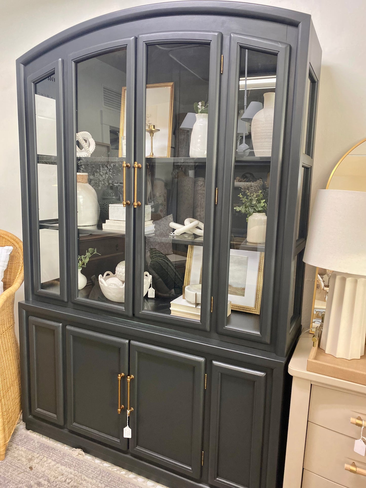 Arched Cabinet Stunning Vintage Refinished in charcoal with antique brass hardware