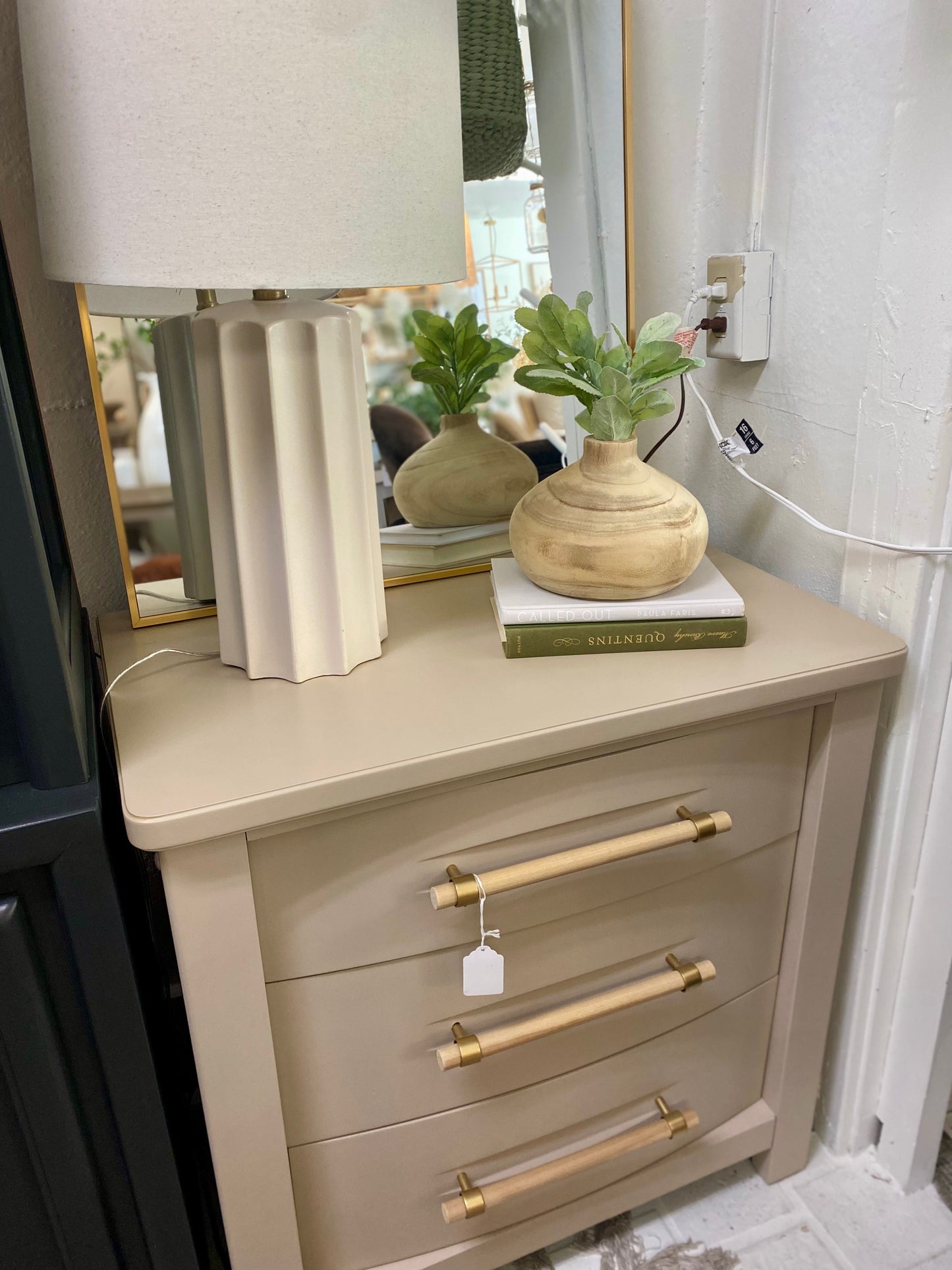 Pair of Refinished Neutral Large 3 Drawer Nightstand with wooden handles