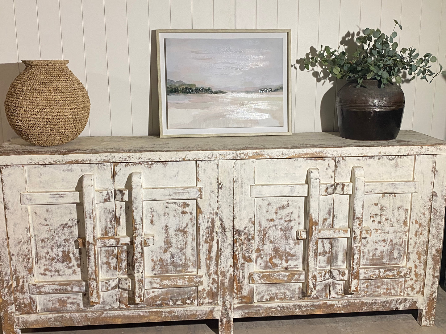 Stunning Large Whitewashed Reclaimed Elm Sideboard 85"