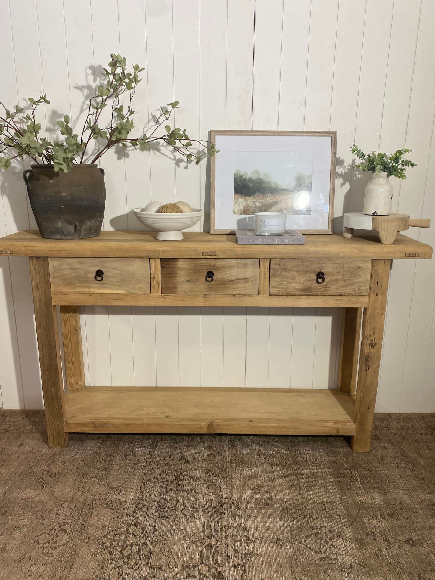 Reclaimed Elm 3 Drawer Console Table with Shelf 67"