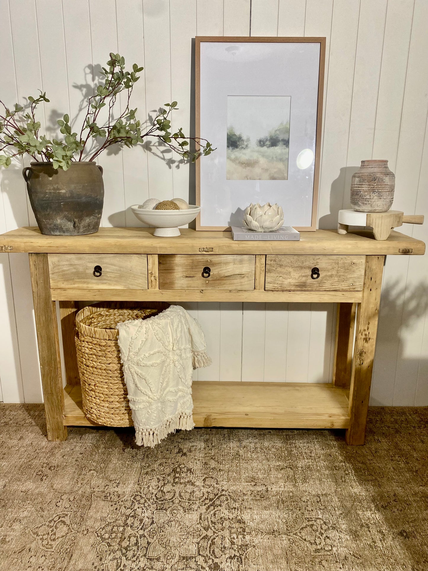 Reclaimed Elm 3 Drawer Console Table with Shelf 67"