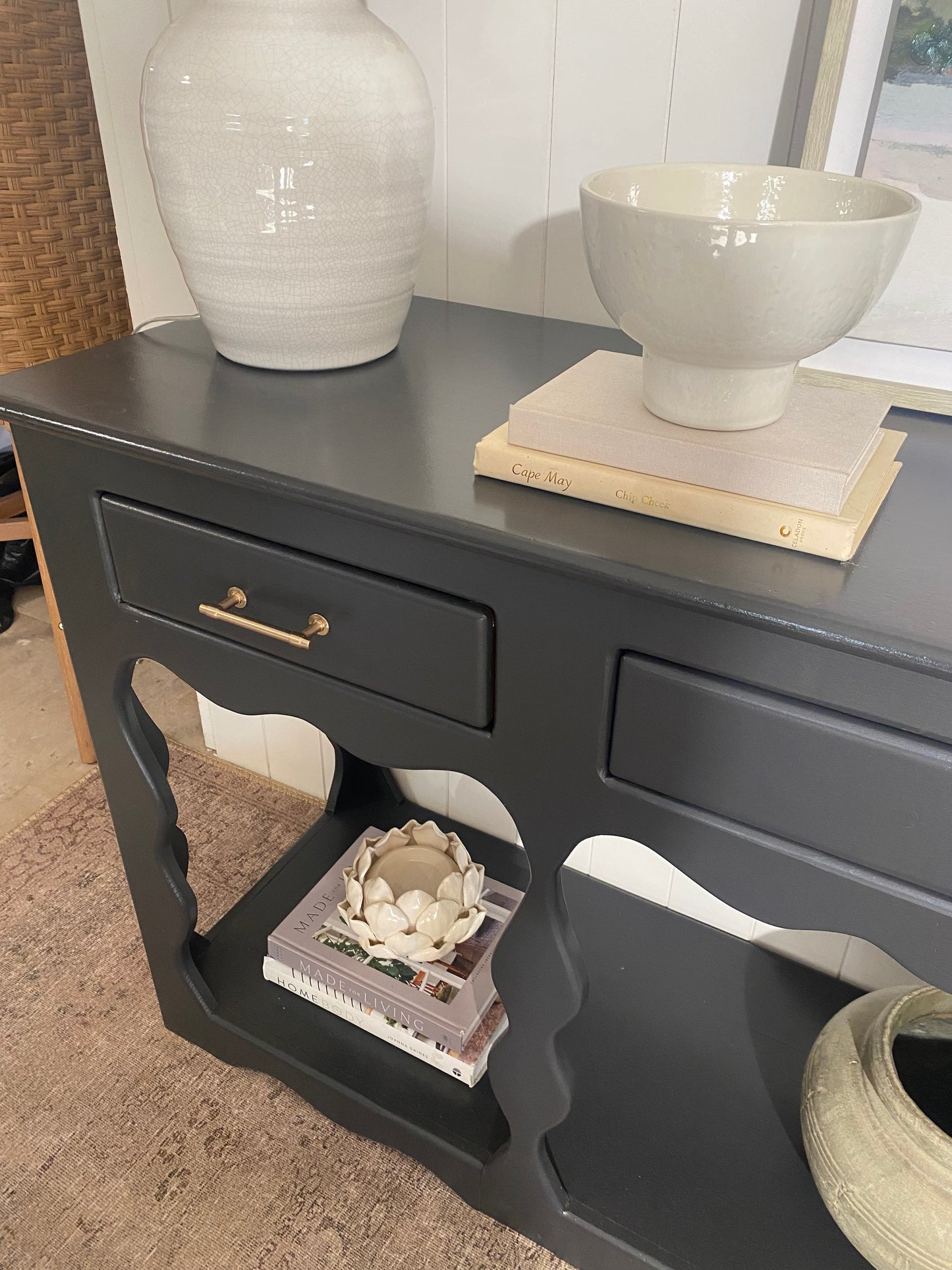 Very unique Vintage Refinished Console Entry Table 68"