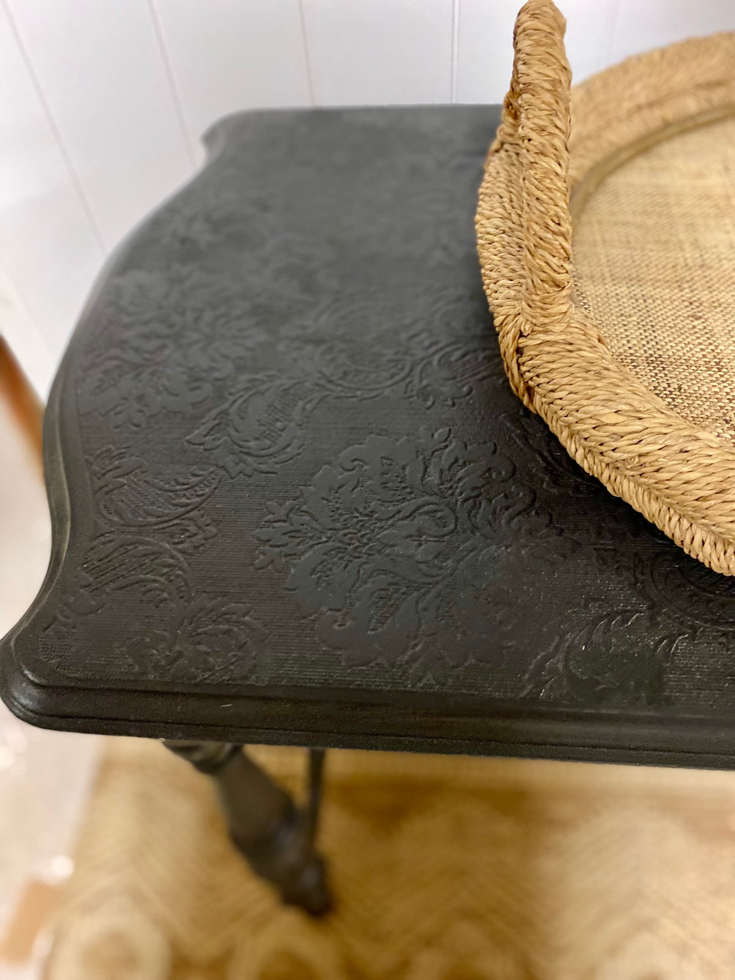Vintage Black Console Table with wallpaper top
