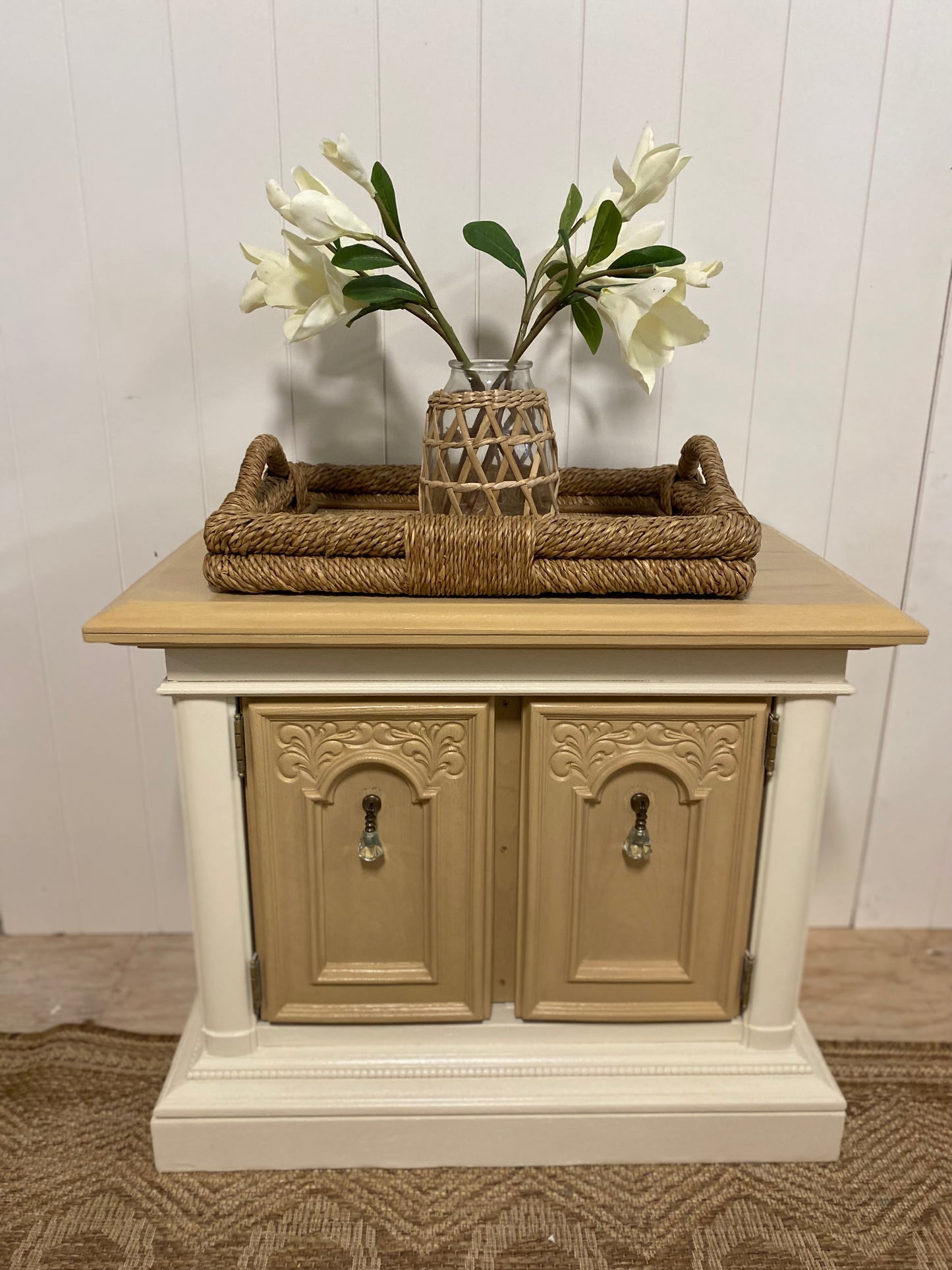 Vintage Refinished Accent Cabinet with ornate detail / Nightstand