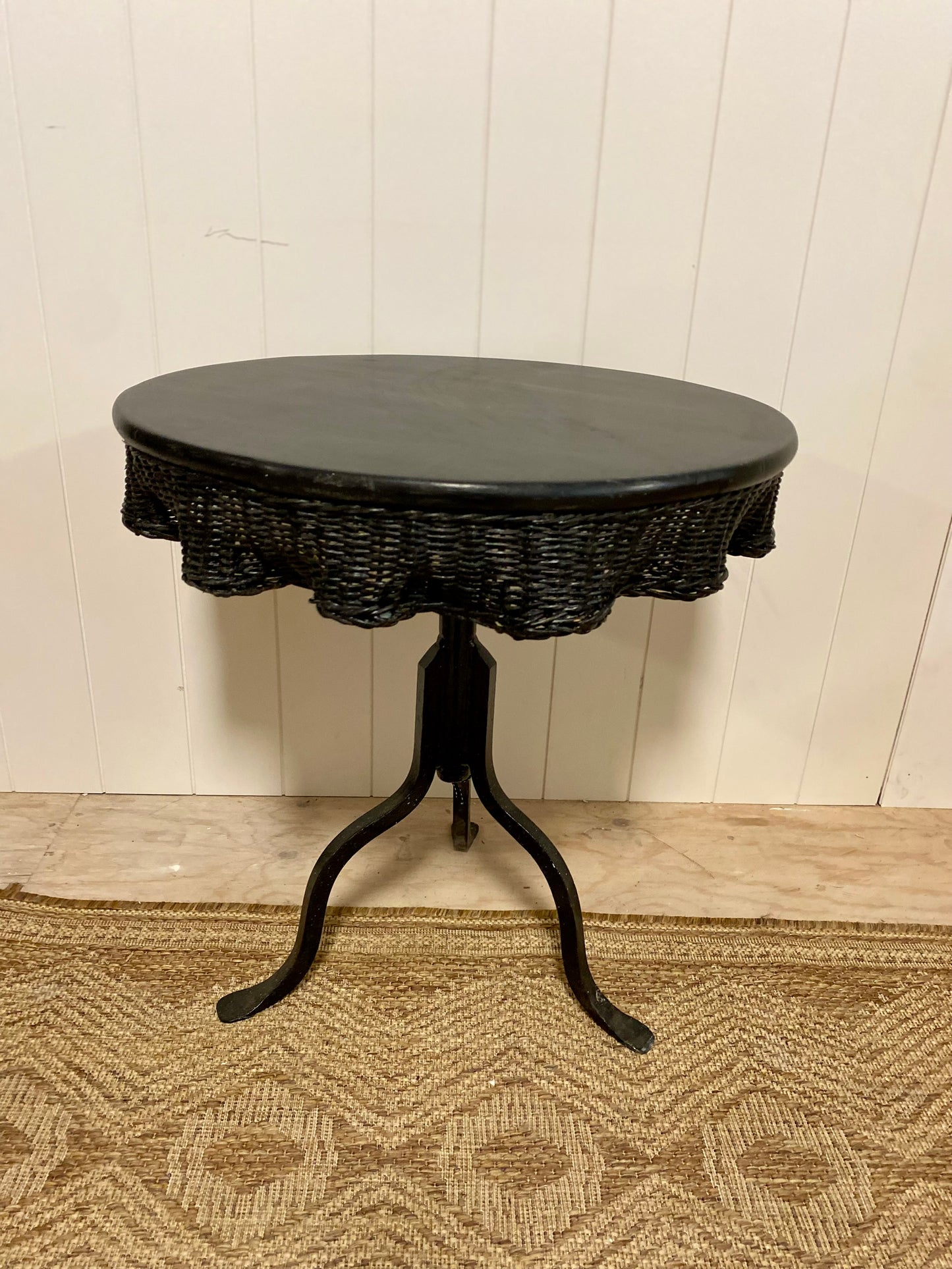 Vintage Refinished Side Table Black with wicker top & iron base