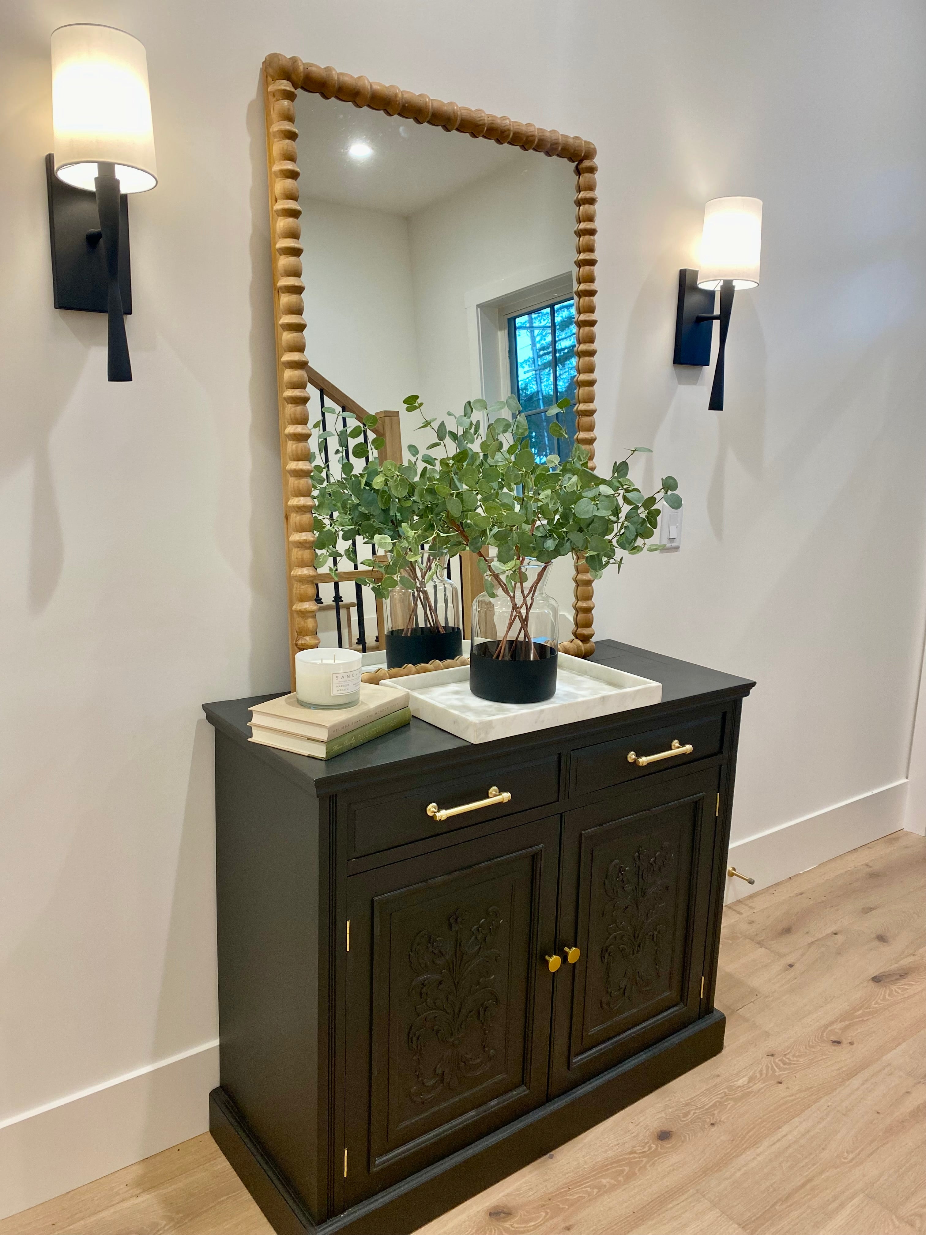 Vintage Refinished Entry Cabinet with ornate detail – Design by Mish