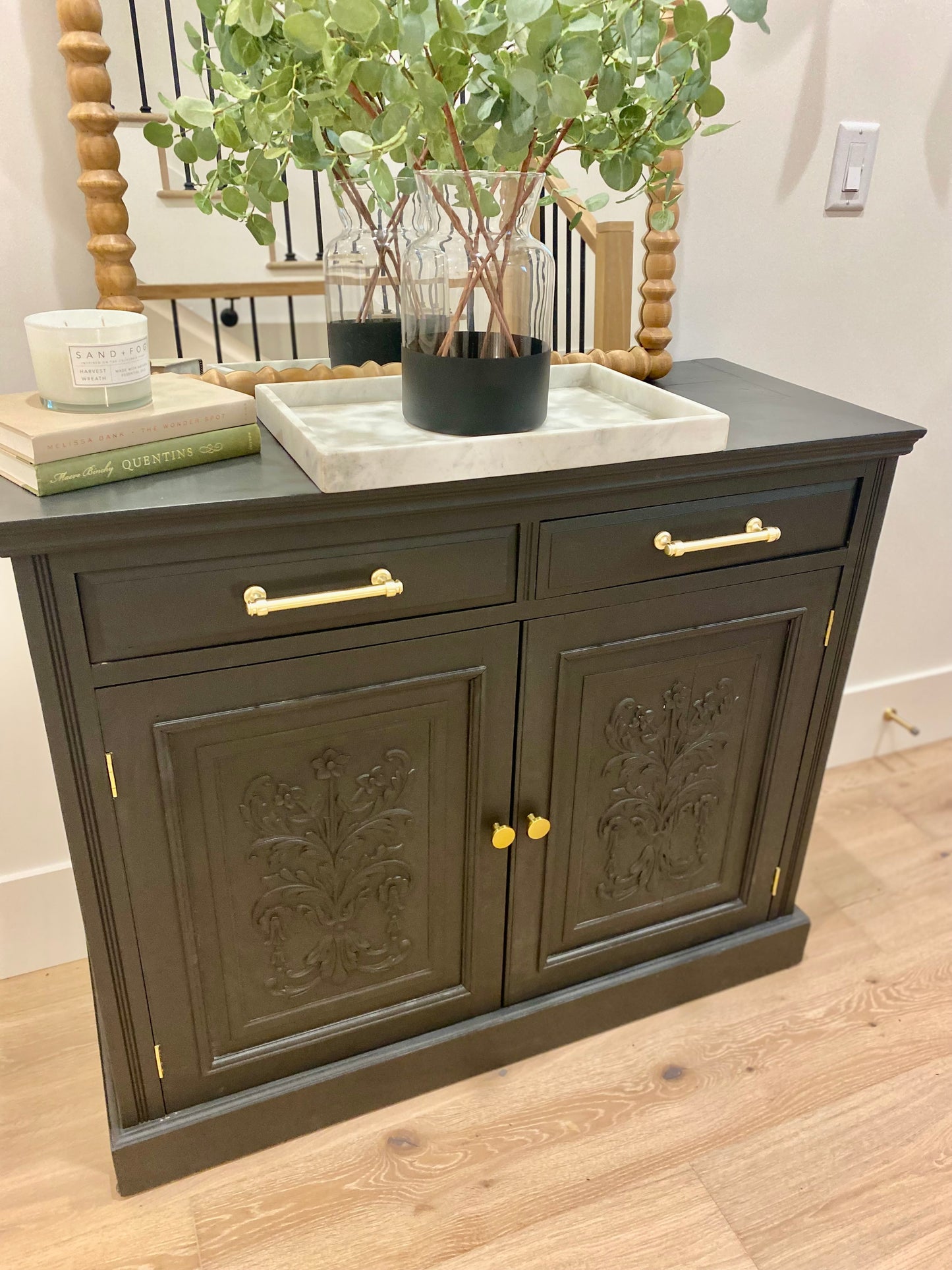 Vintage Refinished Stunning Black Entry Cabinet with Gold hardware