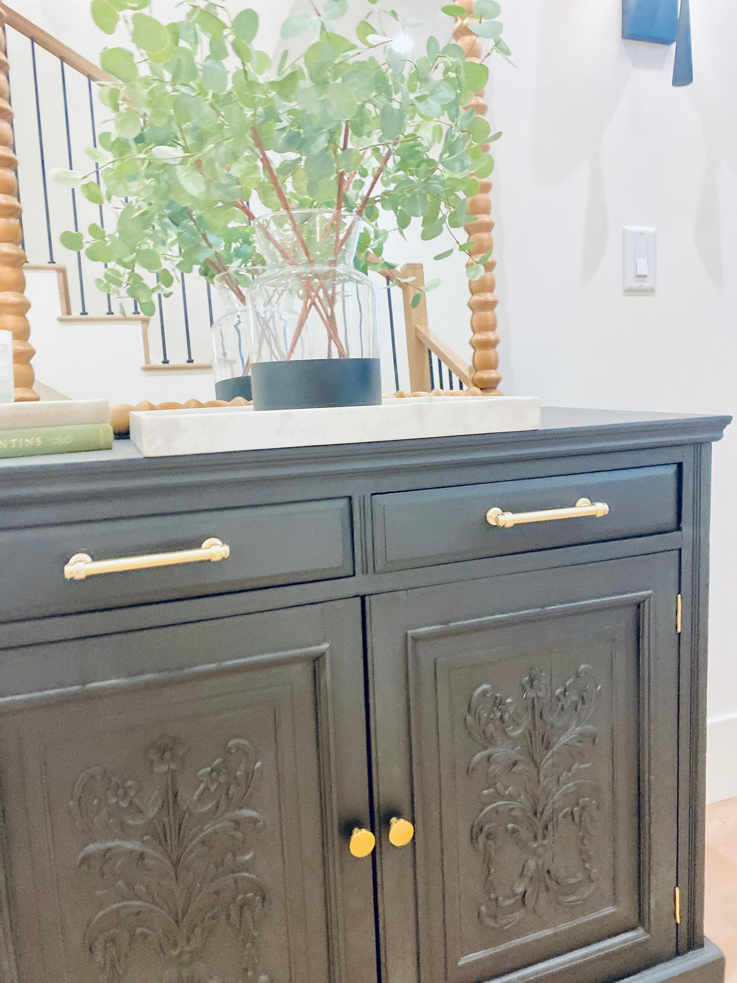 Vintage Refinished Entry Cabinet with ornate detail