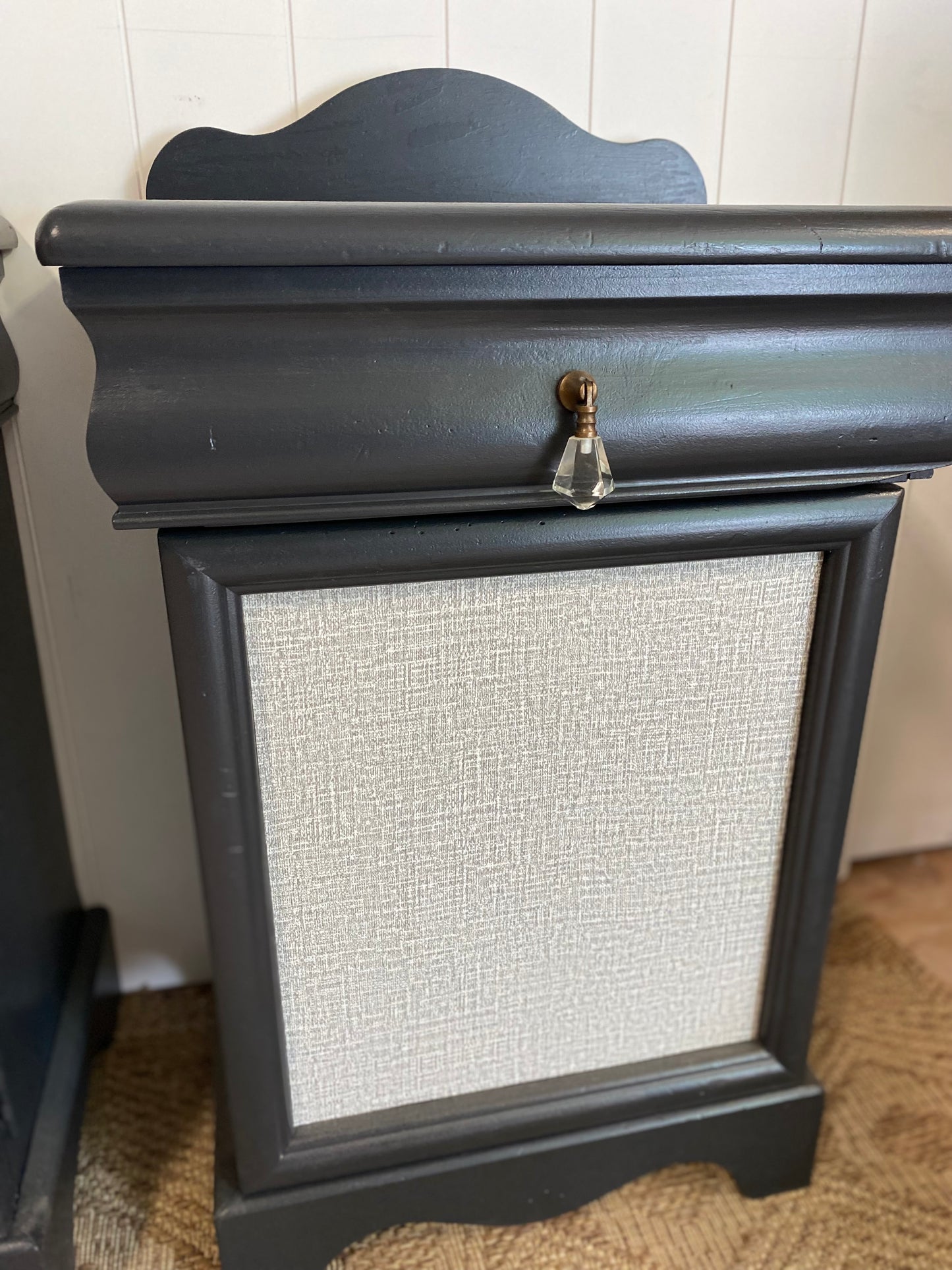 Vintage Refinished Nightstand Pair with wallpaper