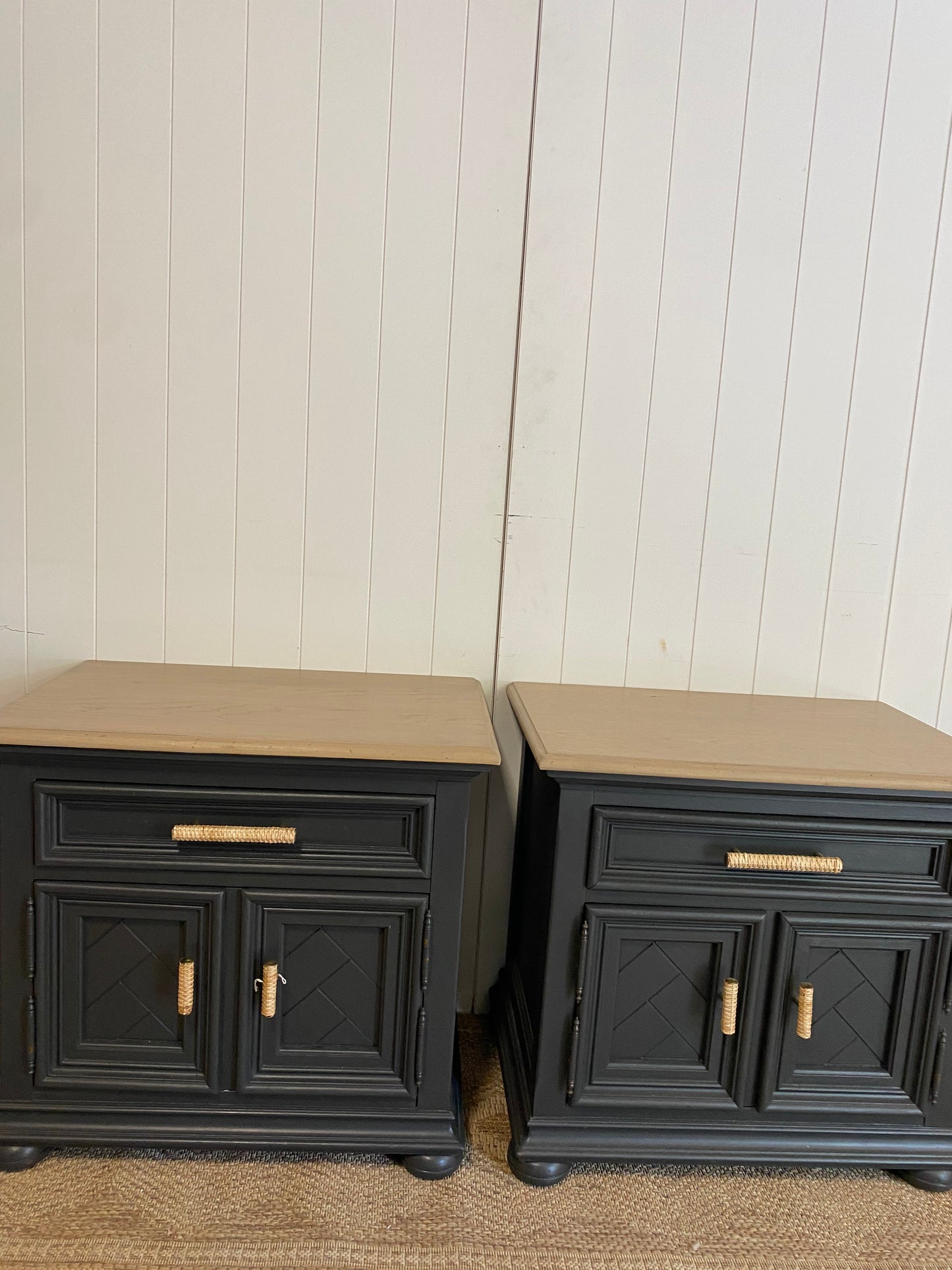 Stunning Refinished Vintage Solid Oak Nightstand pair with rattan handles (PAIR)