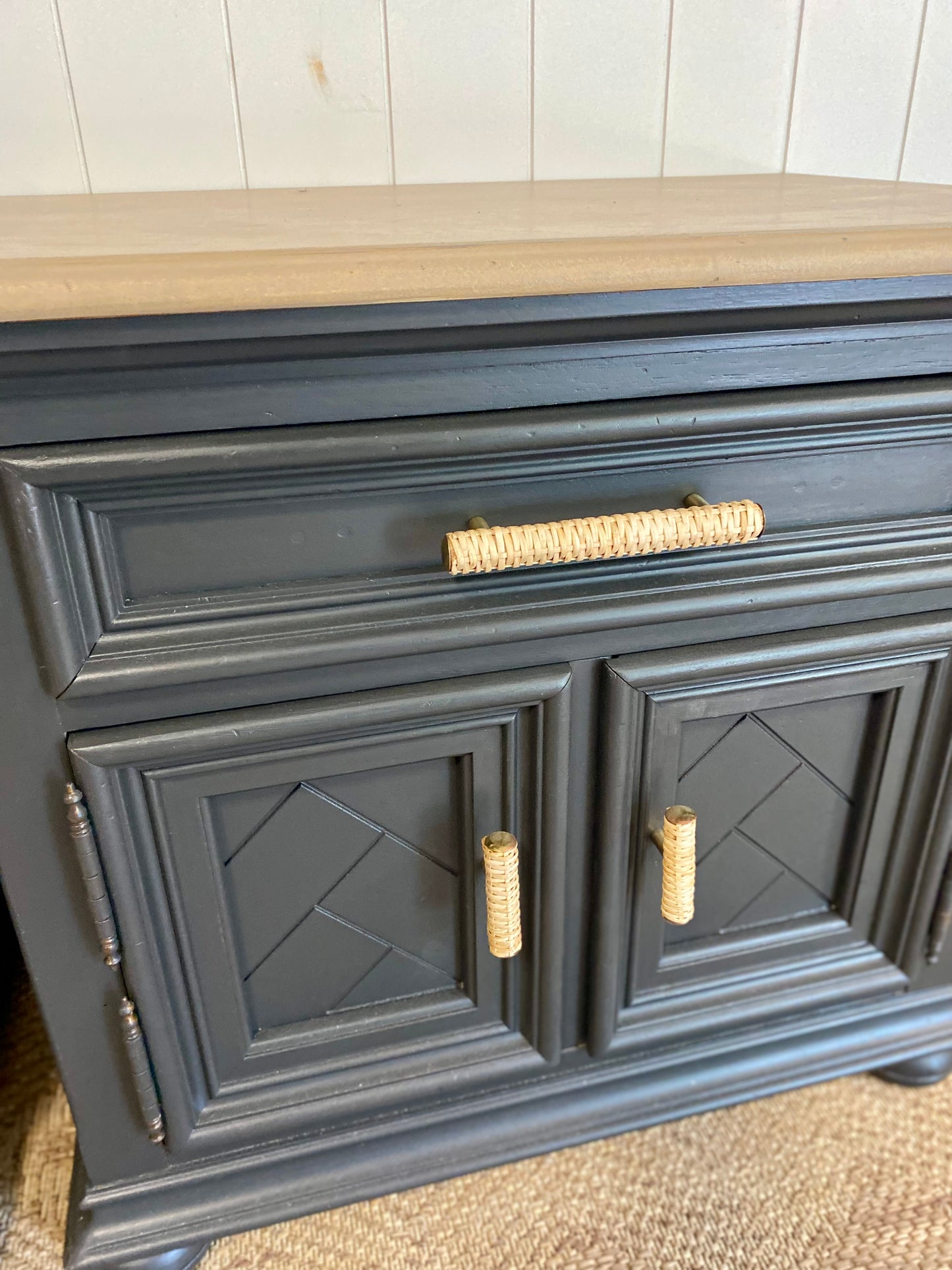 Stunning Refinished Vintage Solid Oak Nightstand pair with rattan handles (PAIR)