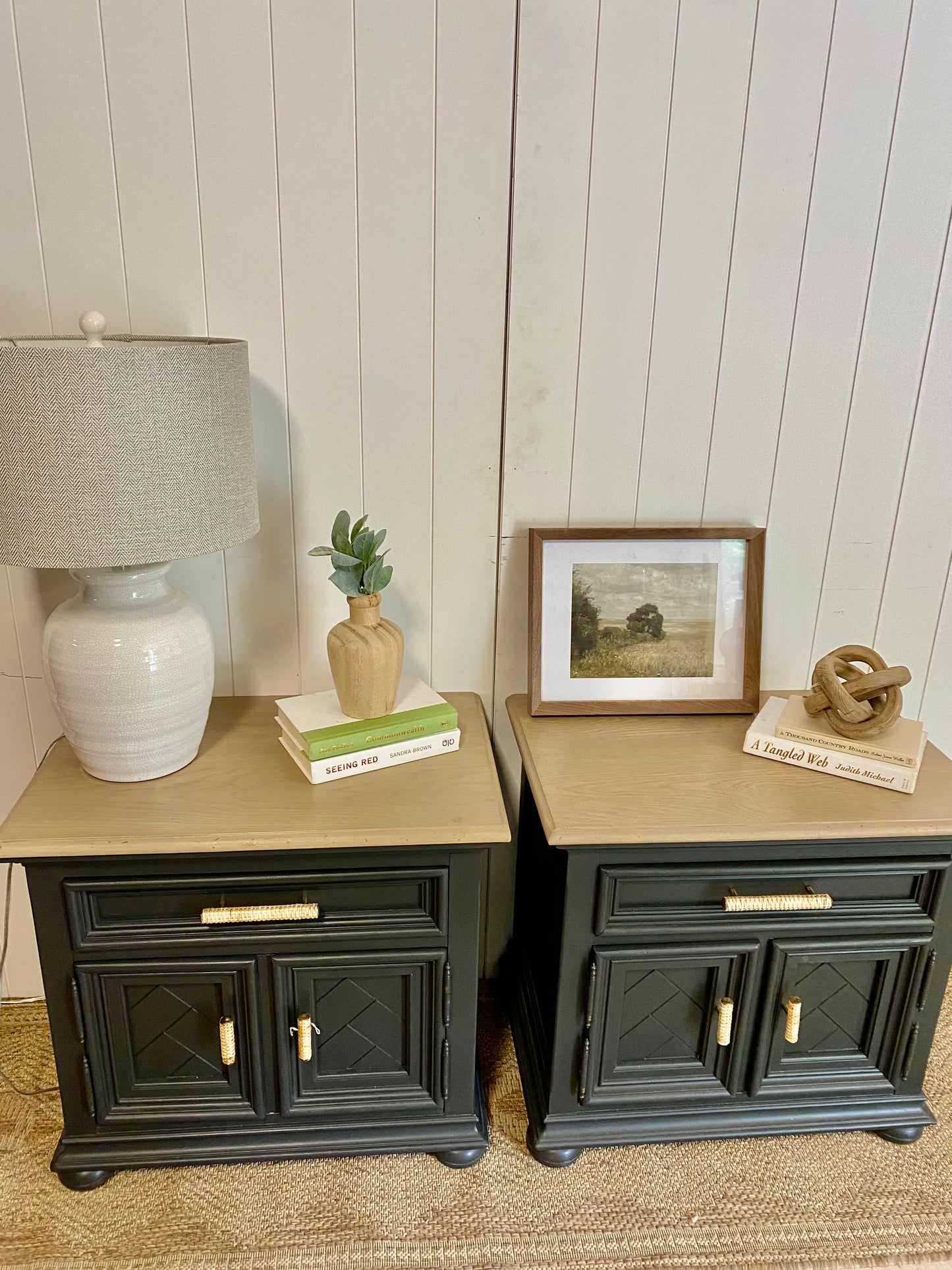 Stunning Refinished Vintage Solid Oak Nightstand pair with rattan handles (PAIR)
