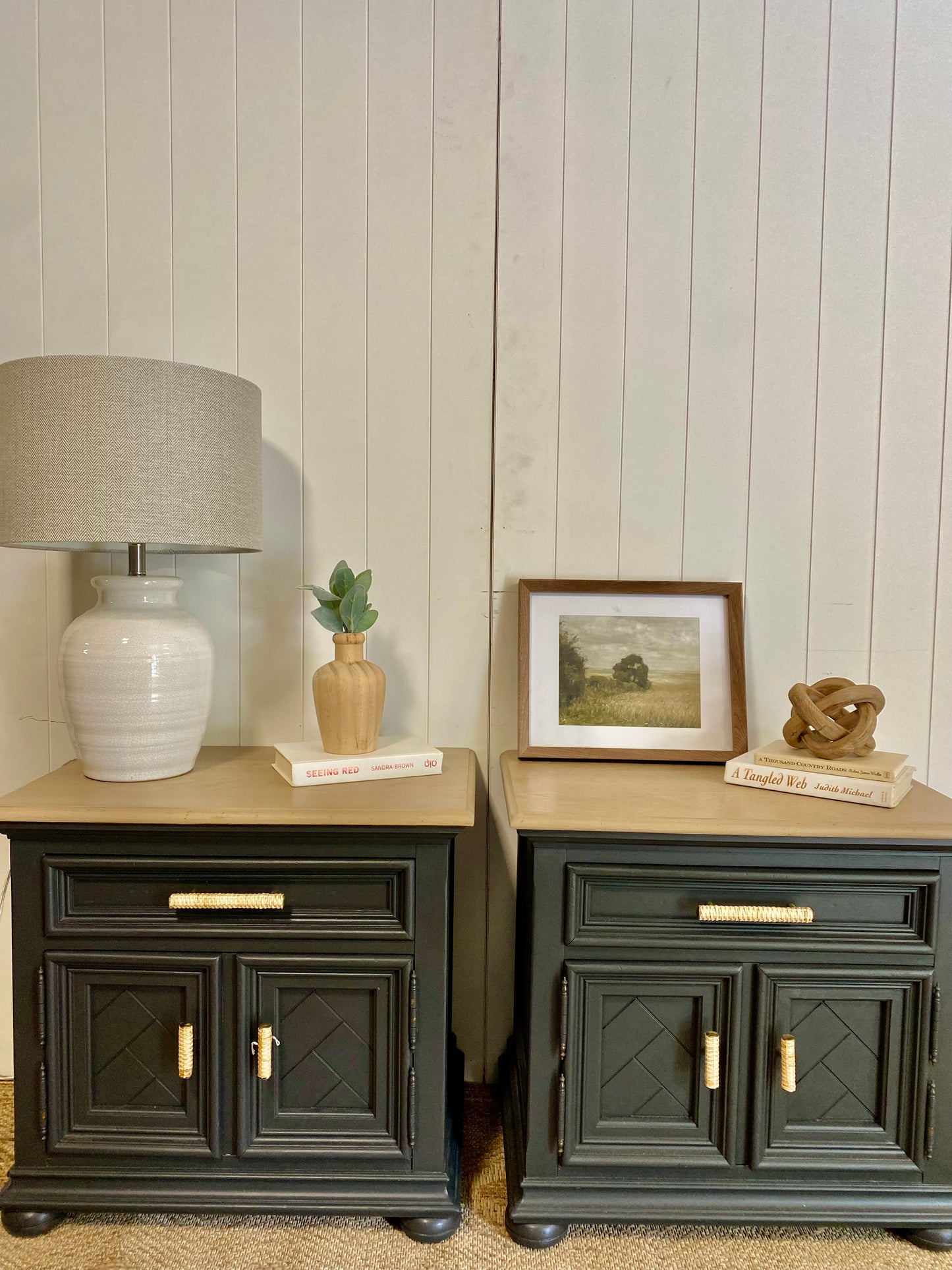 Stunning Refinished Vintage Solid Oak Nightstand pair with rattan handles (PAIR)