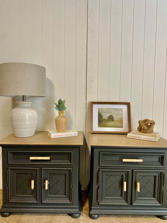 Stunning Refinished Vintage Solid Oak Nightstand pair with rattan handles (PAIR)