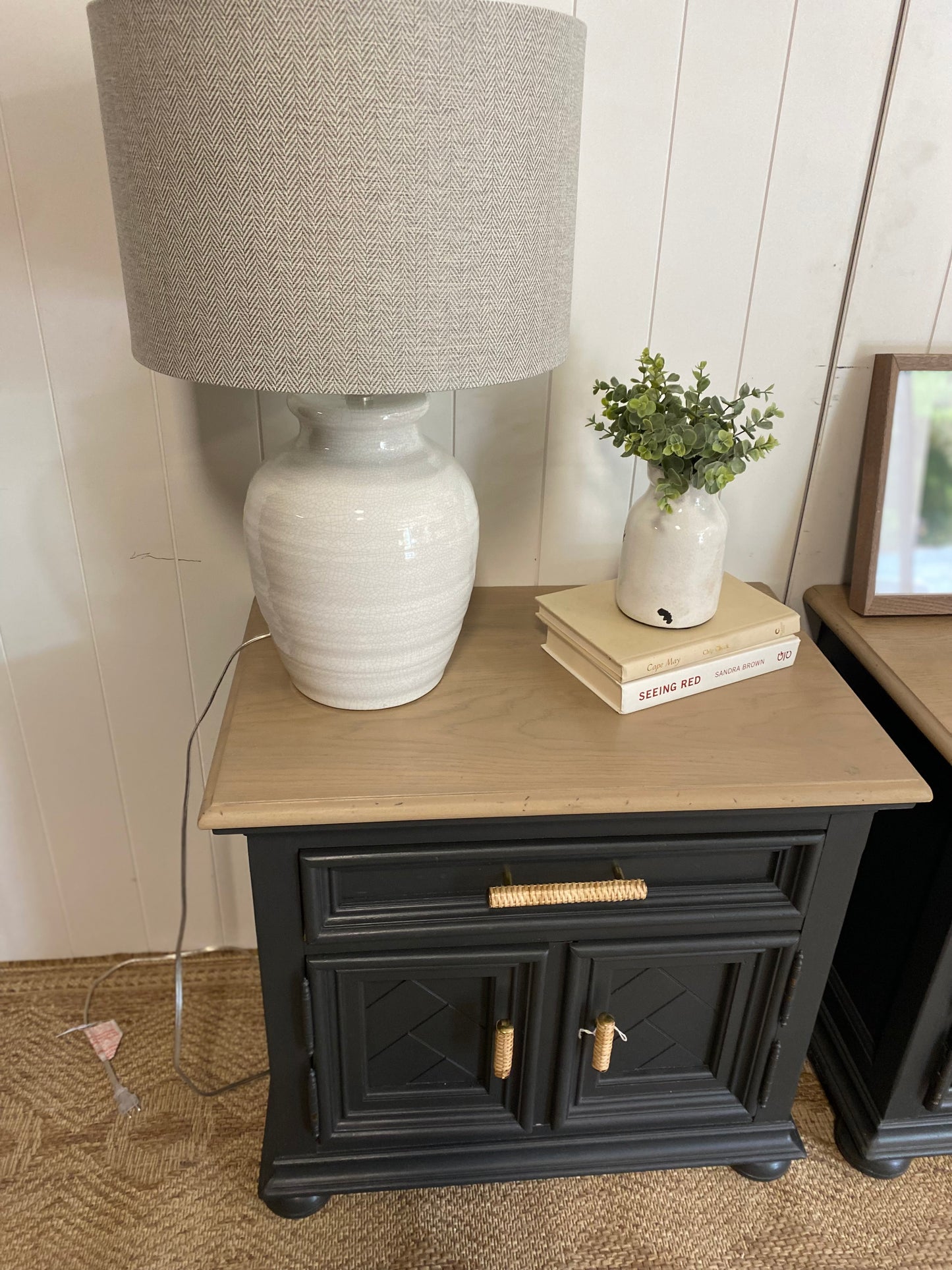 Stunning Refinished Vintage Solid Oak Nightstand pair with rattan handles (PAIR)