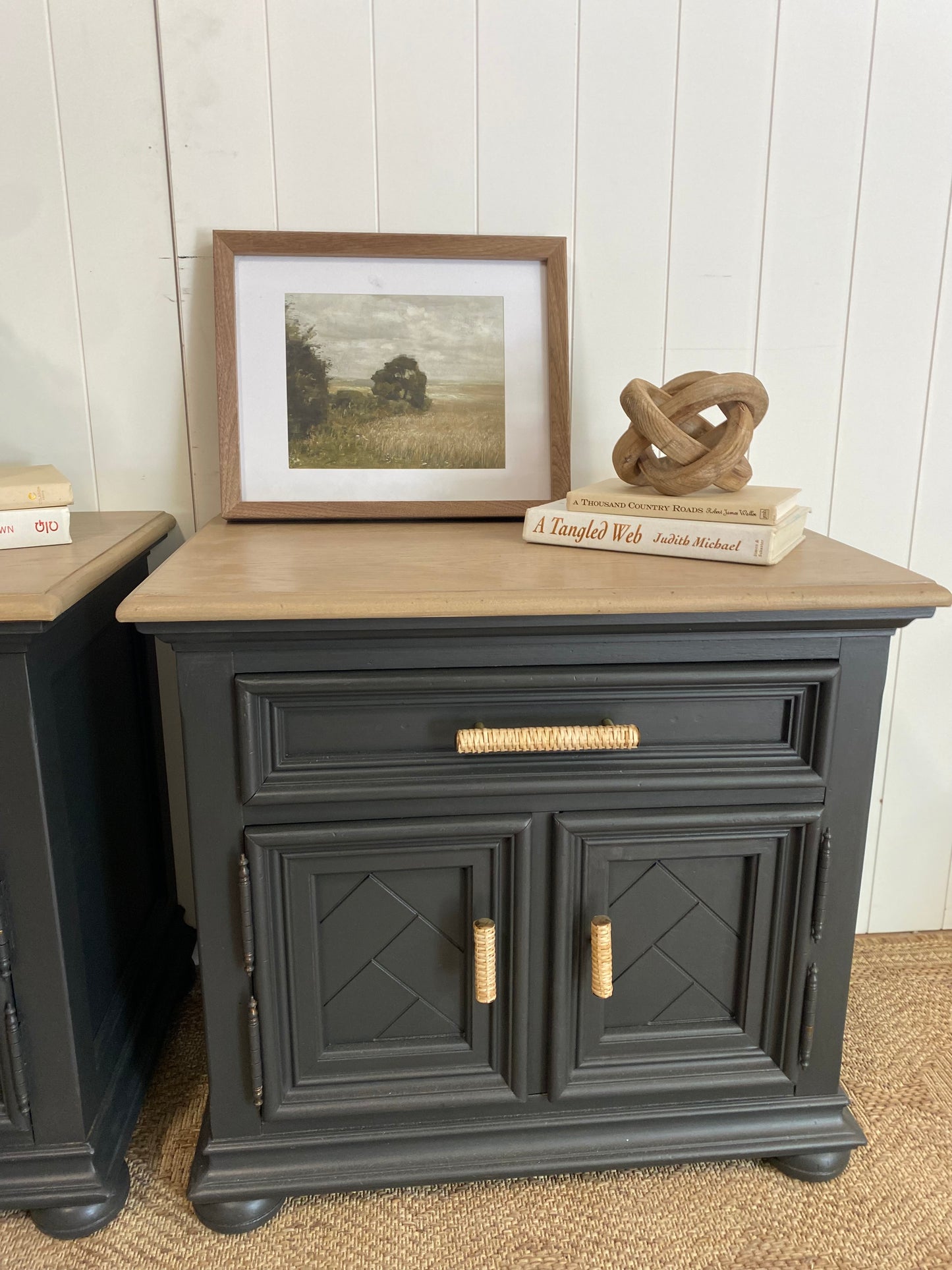 Stunning Refinished Vintage Solid Oak Nightstand pair with rattan handles (PAIR)