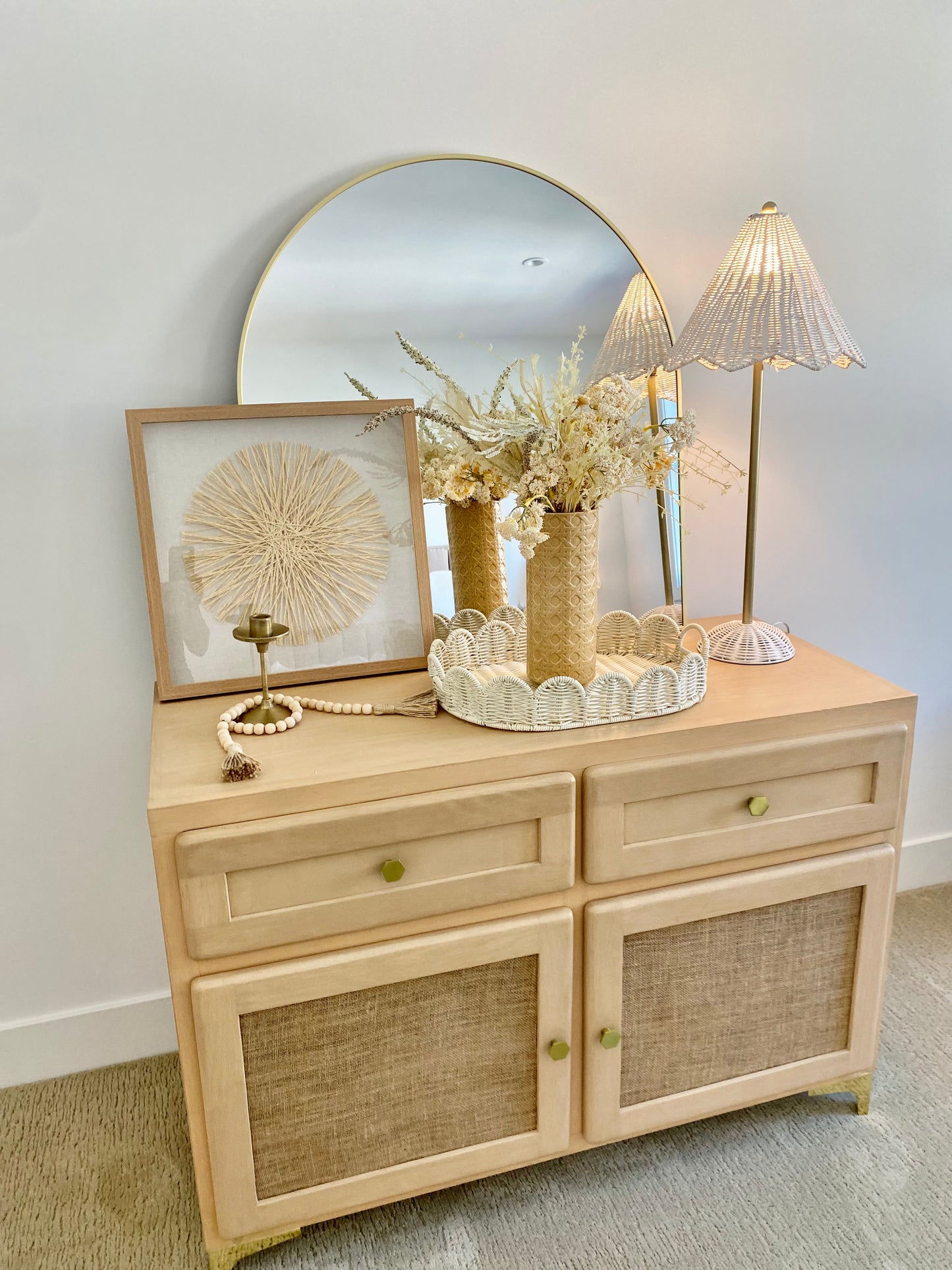 Refinished white oak cabinet with burlap doors & gold hardware 44"