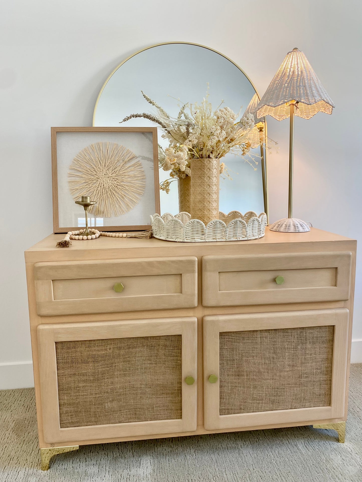 Refinished white oak cabinet with burlap doors & gold hardware 44"