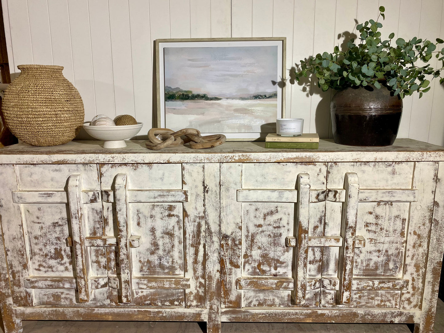 Stunning Large Whitewashed Reclaimed Elm Sideboard 85"