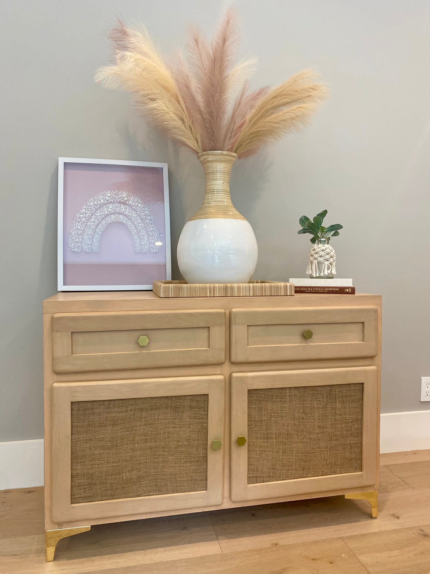 Refinished white oak cabinet with burlap doors & gold hardware 44"