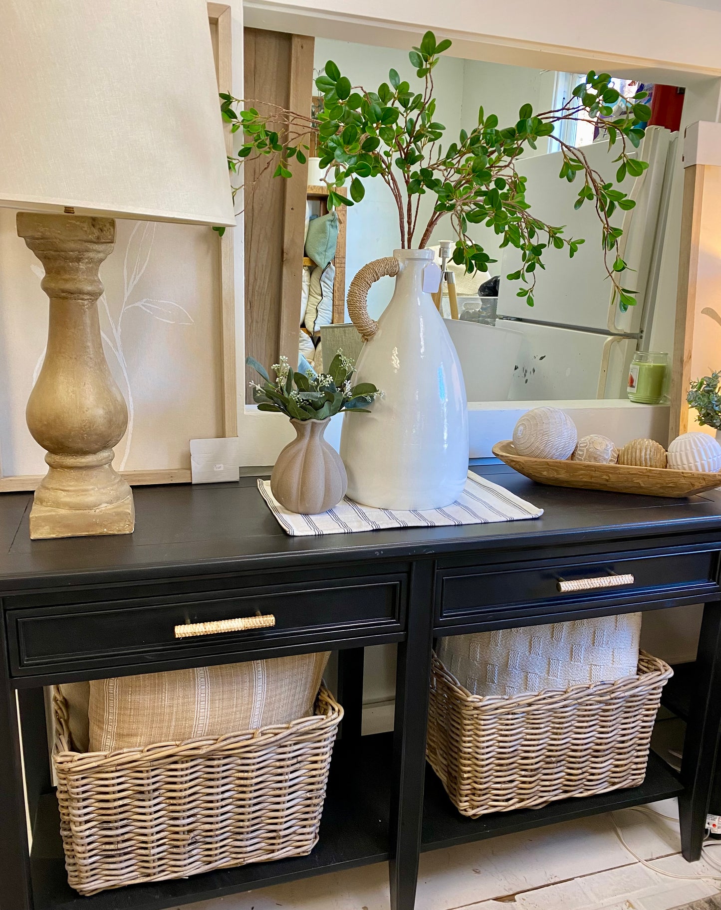 Refinished Stunning Black Entry Cabinet with rattan handles