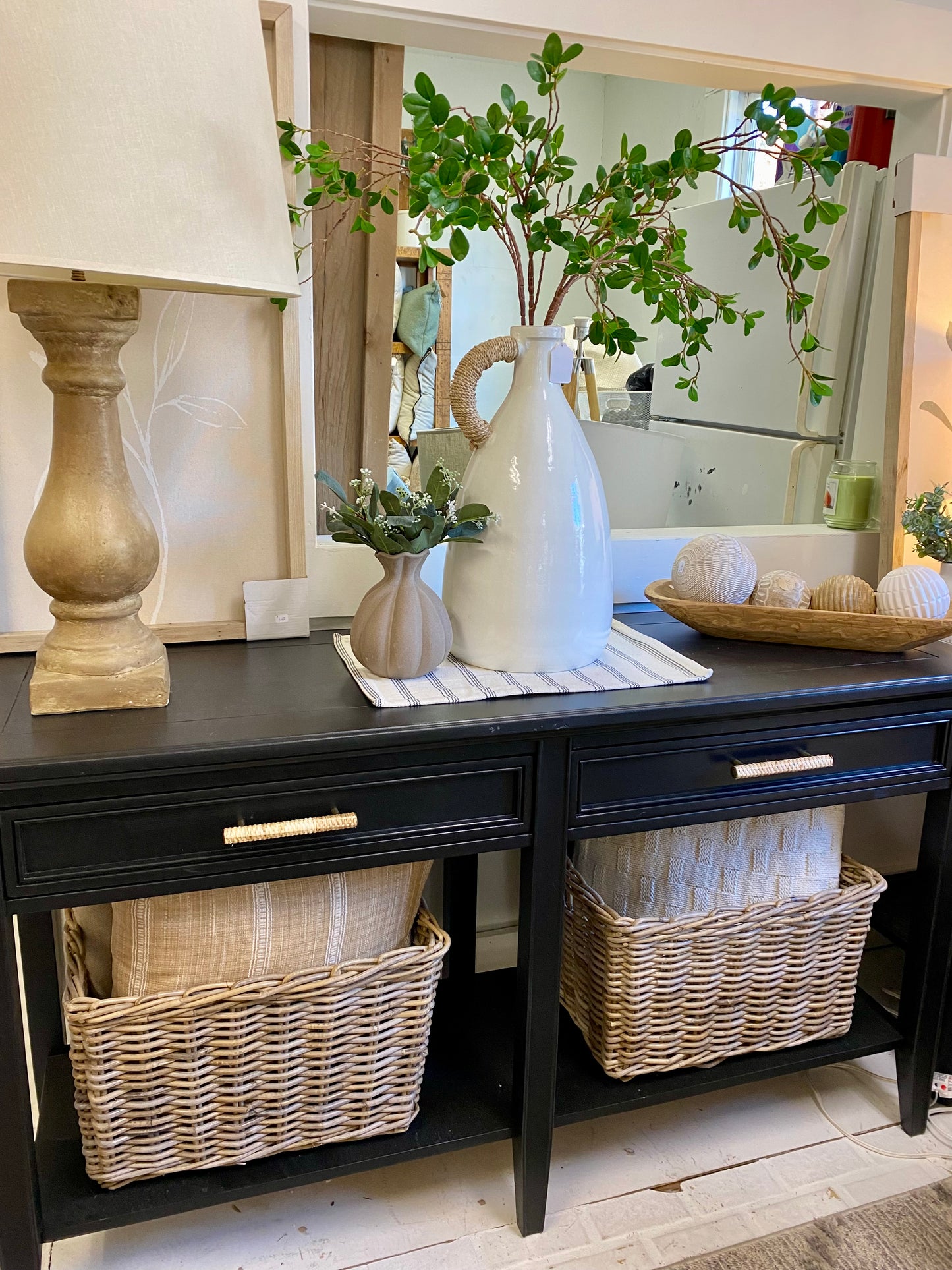 Refinished Stunning Black Entry Cabinet with rattan handles