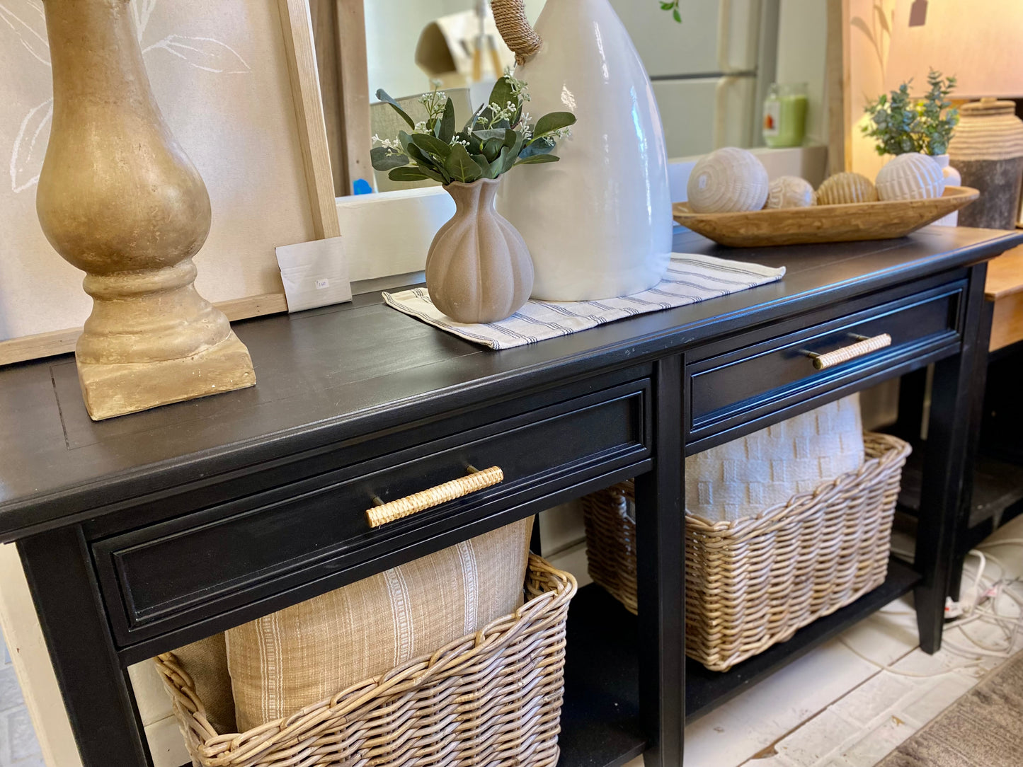 Refinished Stunning Black Entry Cabinet with rattan handles