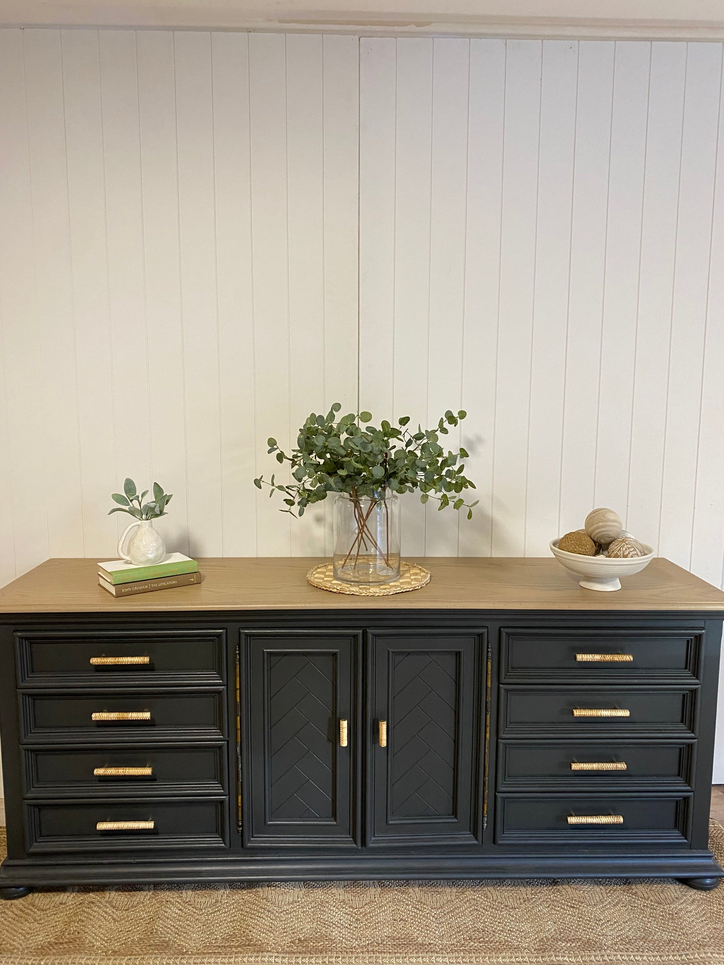 Stunning Refinished Vintage Solid Oak Nightstand pair with rattan handles (PAIR)